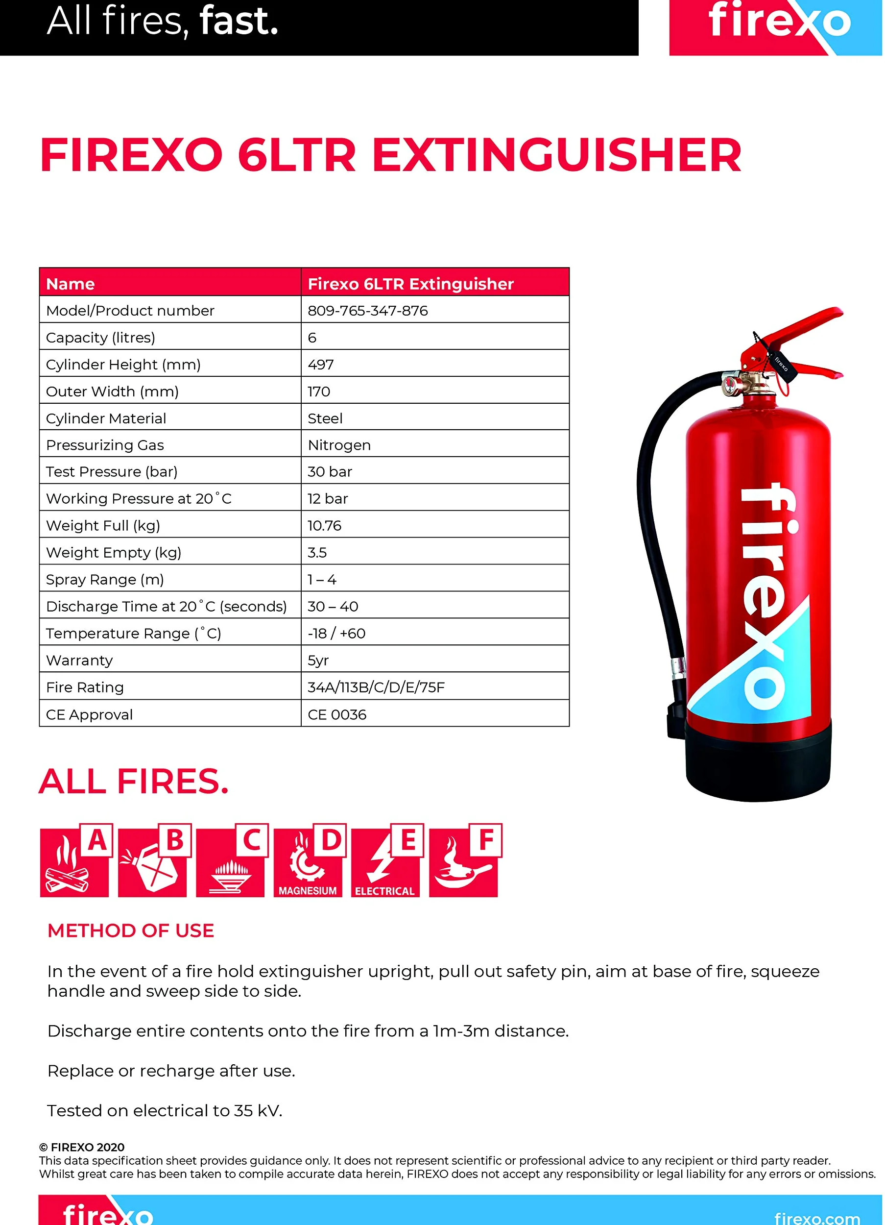 Firexo Estintore (6 Liter) - Fire Extinguisher Per Casa, Ristorante, Cucina, Camper, Lavoro, Barca, Camino - Estintore per tutte le classi di incendio