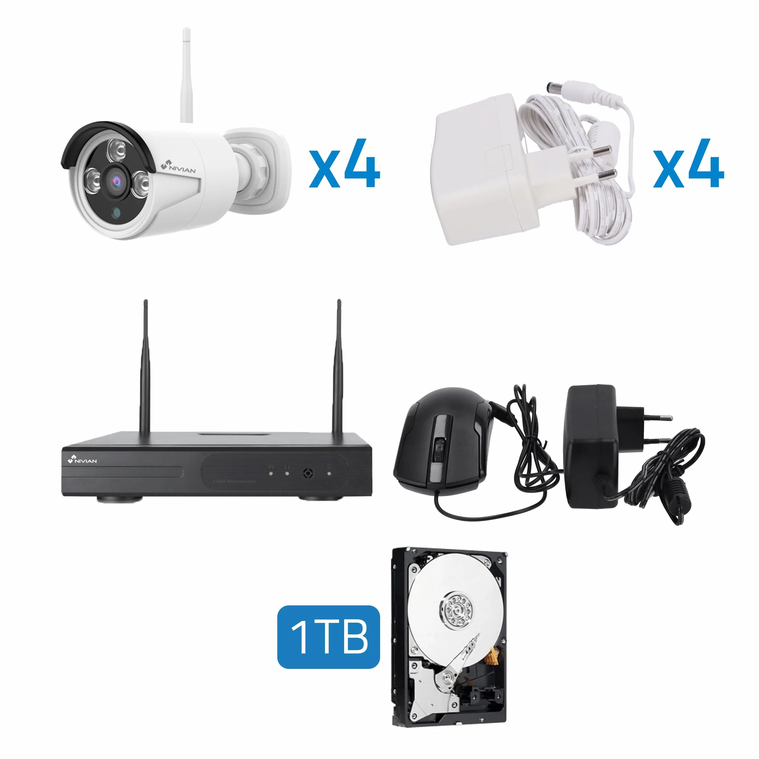 NIVIAN Kit Videosorveglianza WiFi SUPERHD 2K – Sicurezza Facile da Installare per Casa o Negozio, Visione Notturna, Rilevamento Umano Intelligente, Controllo da App – 4 Telecamere + NVR 8CH + HDD 1TB