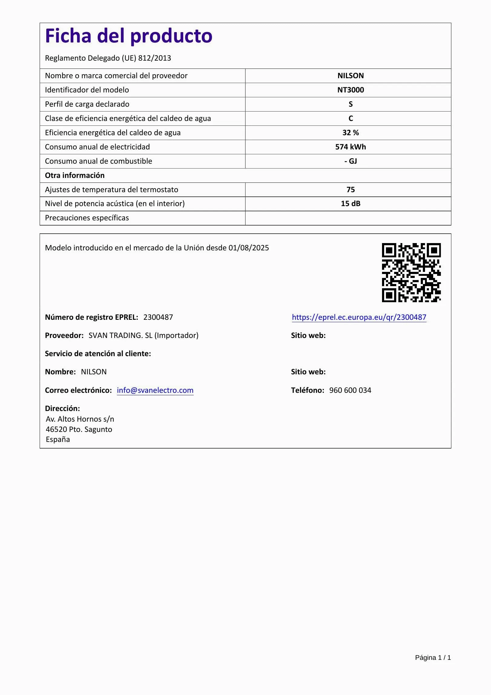 Nilson Termo Eléctrico Vertical 30 Litros NT3000. Instalación Vertical, 1500W, Incluye Kit de Montaje, Resistencia de Acero inoxidable, Blanco, Eficiencia Energética Clase C