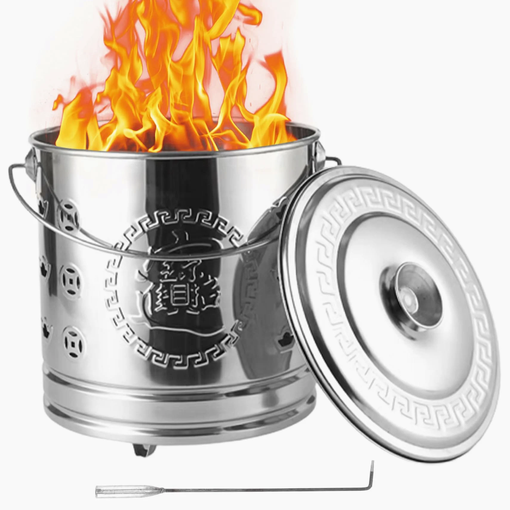 Inceneritore da giardino in acciaio inossidabile resistente al calore, bidoni da giardino, per prese d'aria, gancio per fuoco da giardino, foglie, carta, legno
