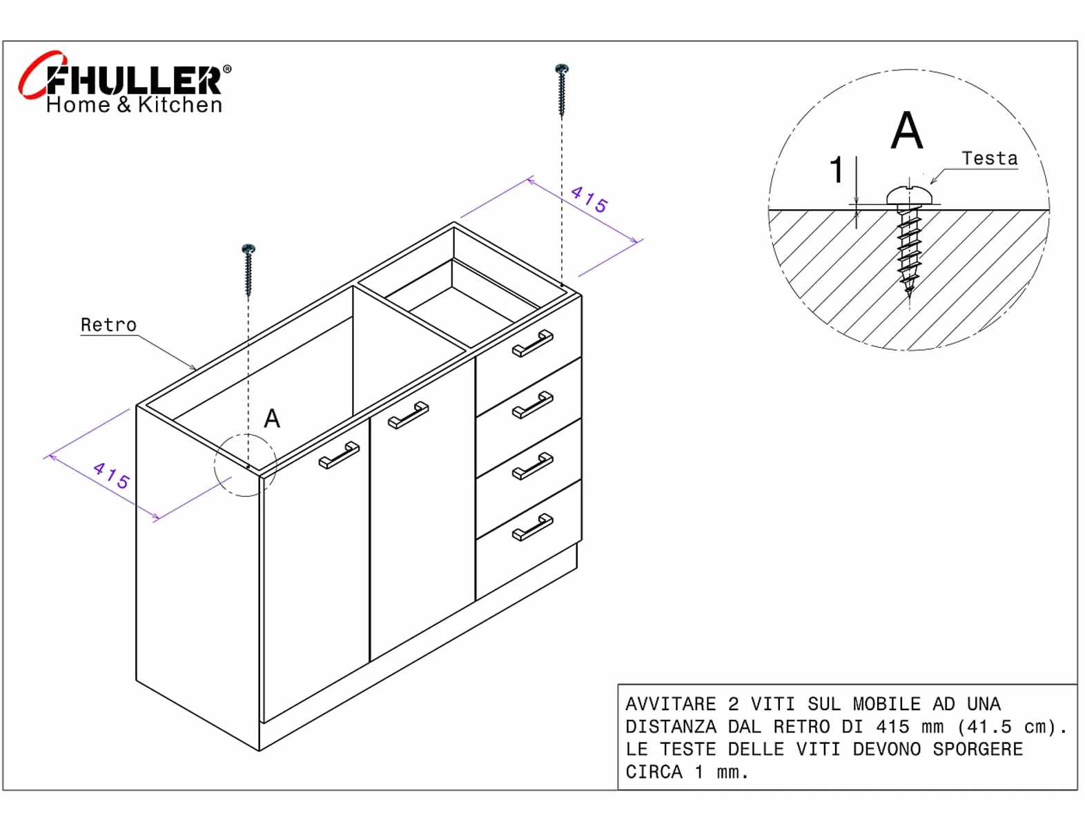 Lavello FHULLER Monostampo Da Appoggio 120X50 In Acciaio Inox AISI 304 Con Due Vasche a DESTRA e Gocciolatoio a SINISTRA Per Sottolavello da 120 Cucina Componibile Modello Pisa PI1202MLPC