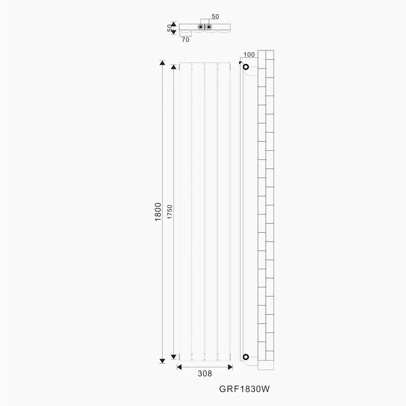SONNI radiatore termoarreto a parete 1800 x 311 x 48 mm, termosifone a soggiorno potenza 536 W, radiatore verticare strato singolo da bagno, connessioni centrali G 1/2" - Bianco