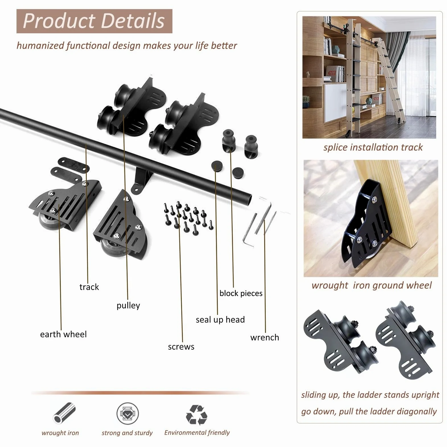Kit Hardware per Scala Scorrevole per libreria Binario Scorrevole - Kit Completo di binari per Scala Scorrevole telescopica, con Ruote Inferiori con Freno (Senza Scala) Kit Binario