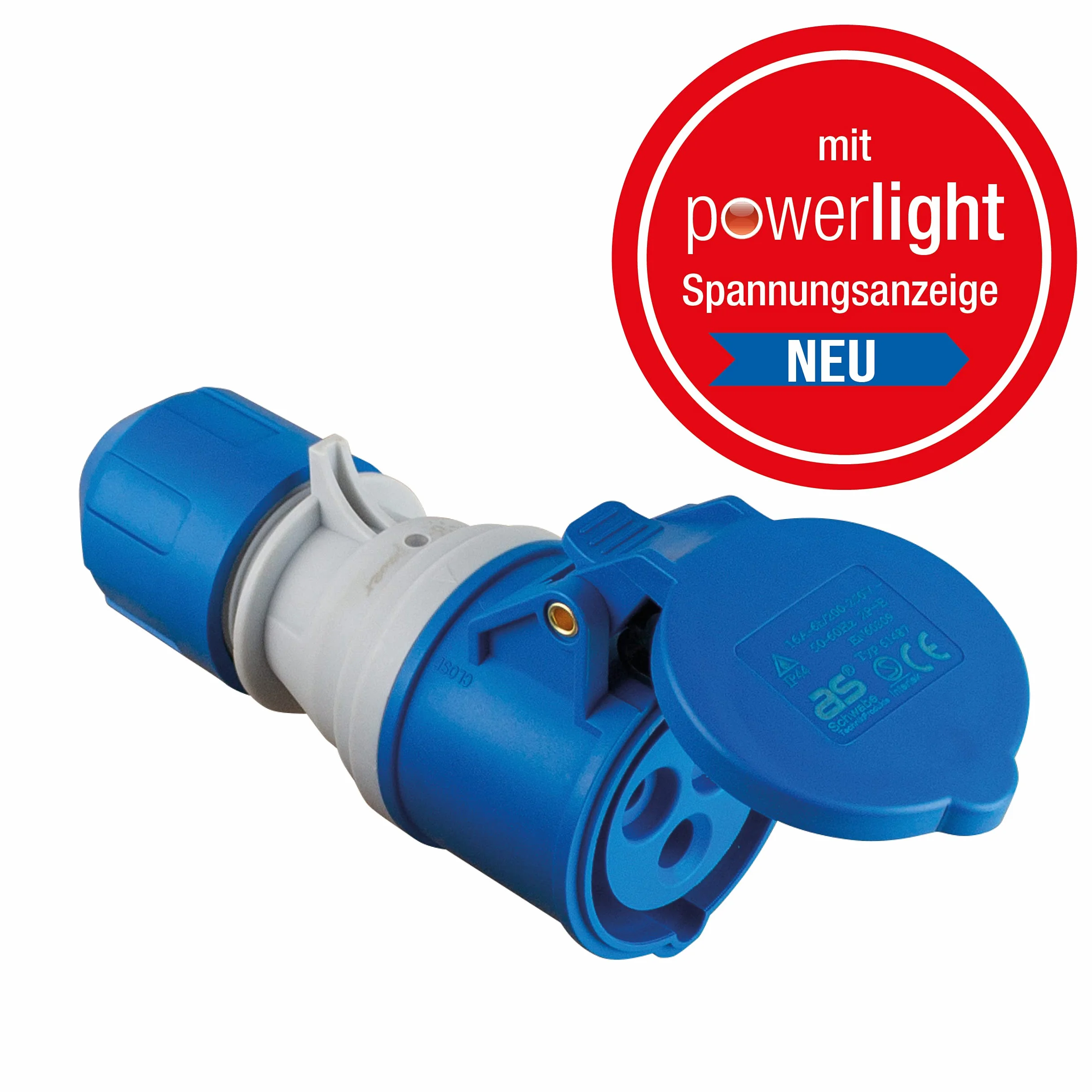as - Schwabe Cavo di prolunga da campeggio, 25 m, 230 V, 16 A, 3 poli, spina CEE con indicatore di tensione, accoppiamento CEE con coperchio ribaltabile, prolunga per camper, prodotto in Germania,
