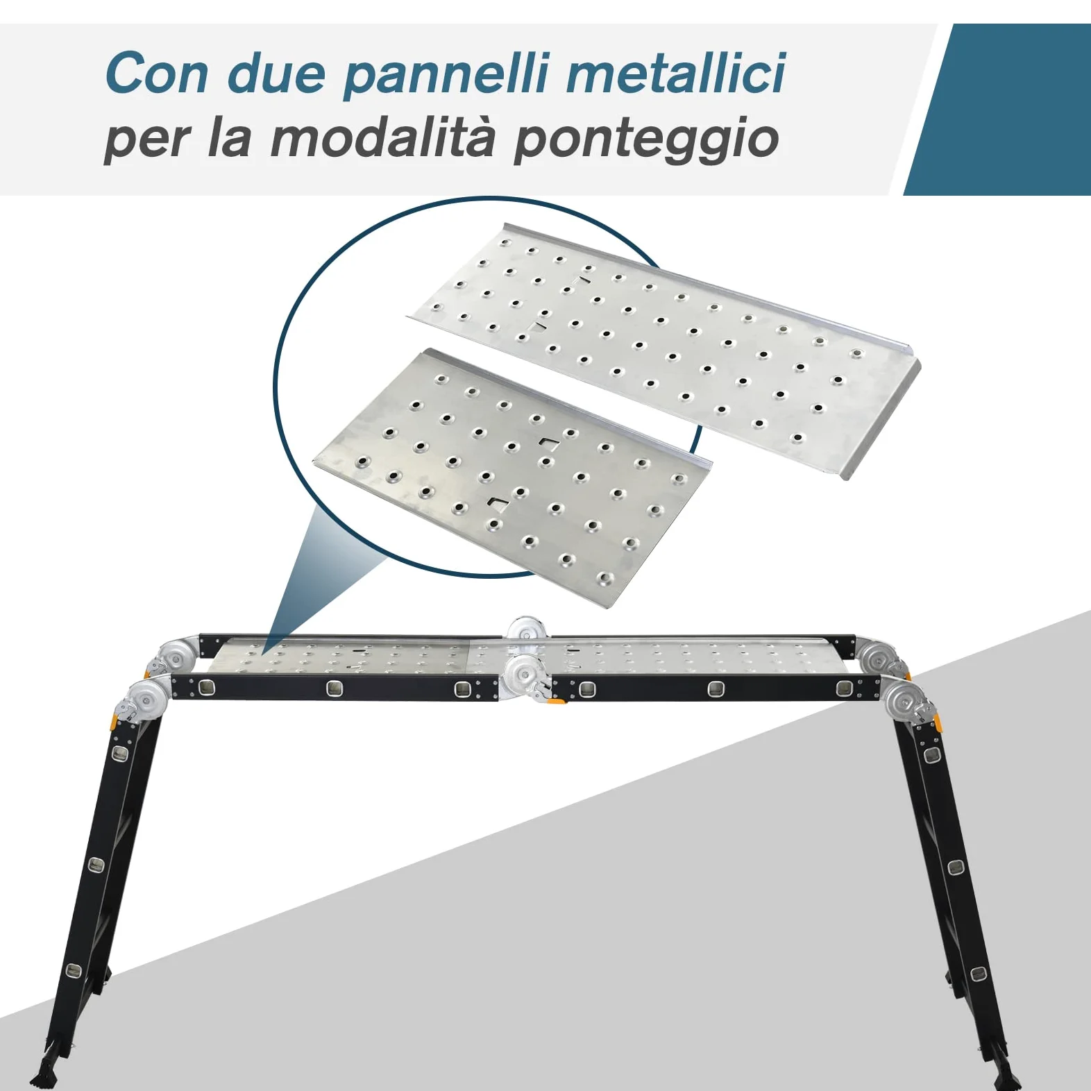 DURHAND Scala in Alluminio 5 in 1 Nera con 2 Pannelli di Sostegno, Scala Pieghevole per Interni ed Esterni, Carico Massimo 150kg, 370x61x11 cm