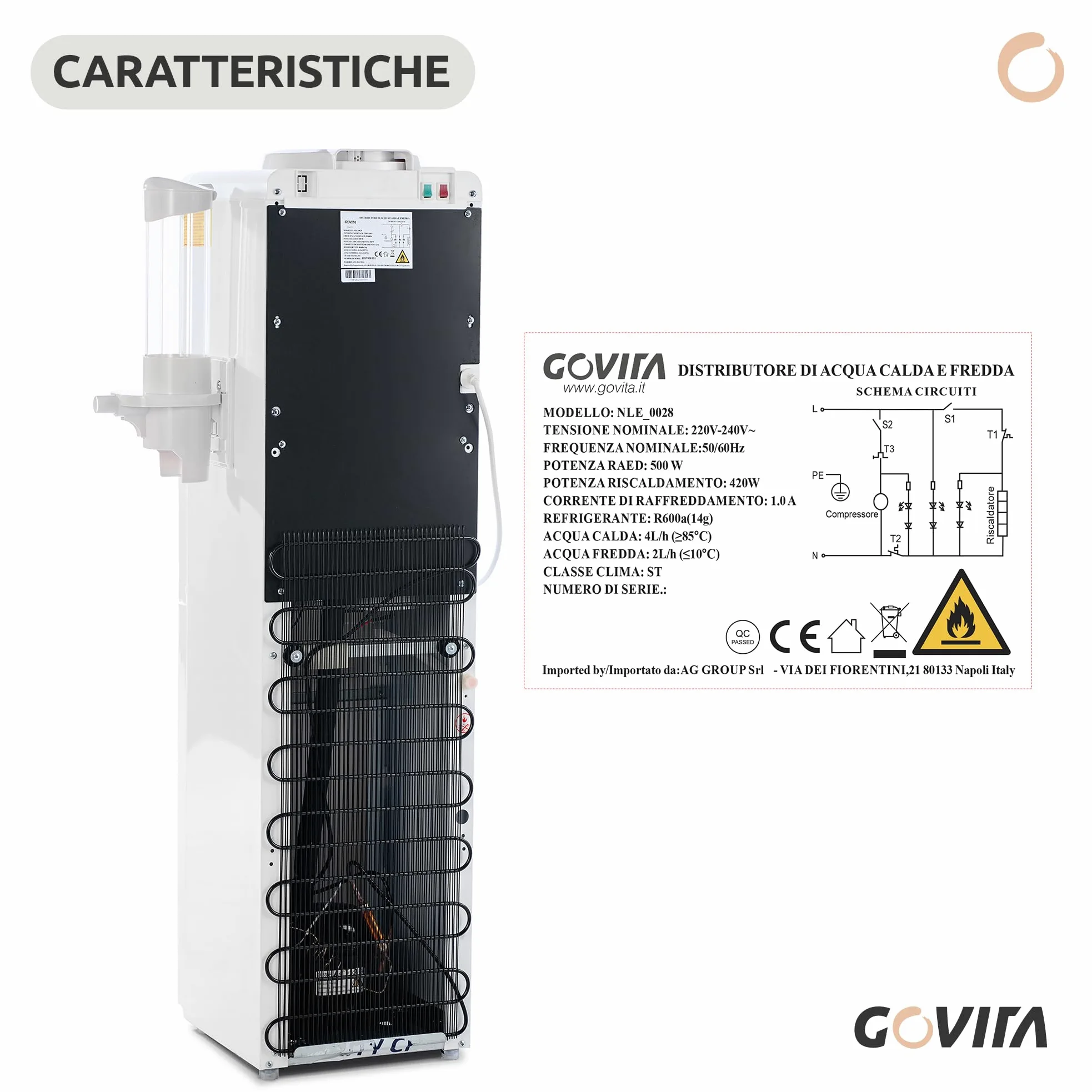 GOVITA - Dispenser Acqua a Colonnina a Boccione 18L – Erogatore Acqua Fredda Calda e Ambiente con Compressore – Distributore Acqua Refrigerata per Casa e Ufficio - con portabicchieri