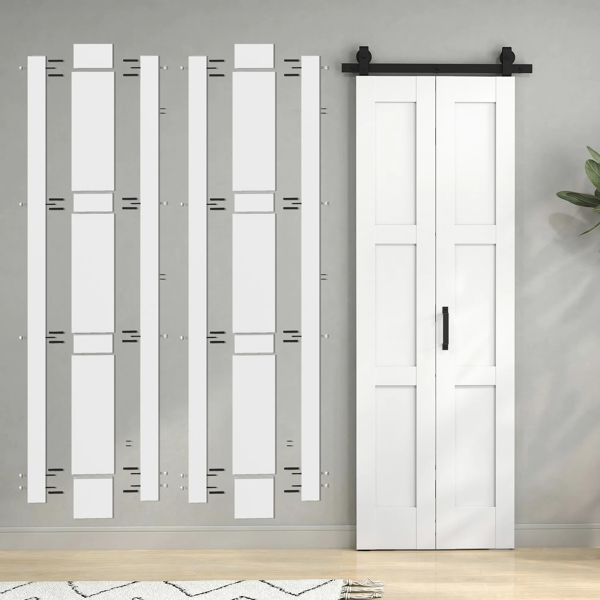 HOMCOM Porta Scorrevole Bi-fold Muro 71.2x213.4cm, Binario Silenzioso Acciaio, Maniglia, Guida, Ruote, Porta da Interno Stile Rustica, in MDF e Legno Pino, Impermeabile, per Cucina, Bagno