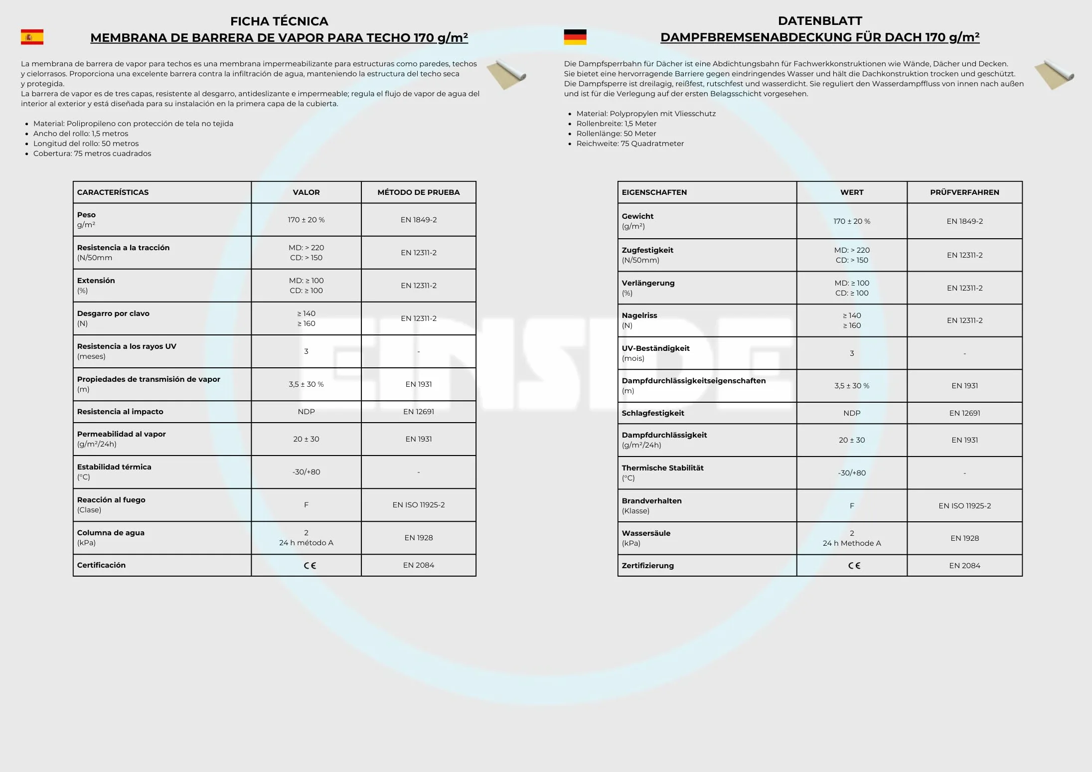 EINSIDE Telo membrana freno a vapore impermeabile tetto 170 g/m², 1,5x50 m | Copertura: 75 m², SD = 3/12 m, CLASS W1