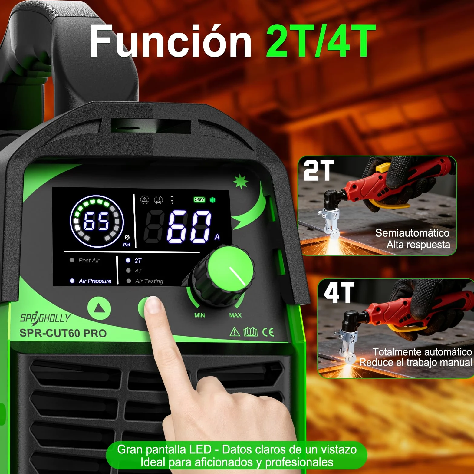 CUT60 PRO 60A IGBT Taglierina al Plasma 240V - Taglio max acciaio 16mm, taglio pulito 10mm - Display LED digitale, modalità 2T/4T, protezione sovraccarico, avvio facile