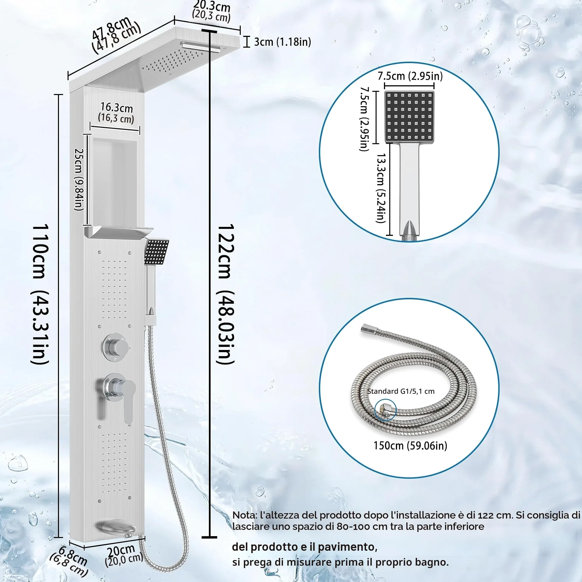 Froadp - Pannello doccia in acciaio inox, sistema doccia a parete con 5 funzioni: doccia a pioggia, con doccetta, doccia massaggiante, doccia a cascata, set doccia completo a colonna (argento)
