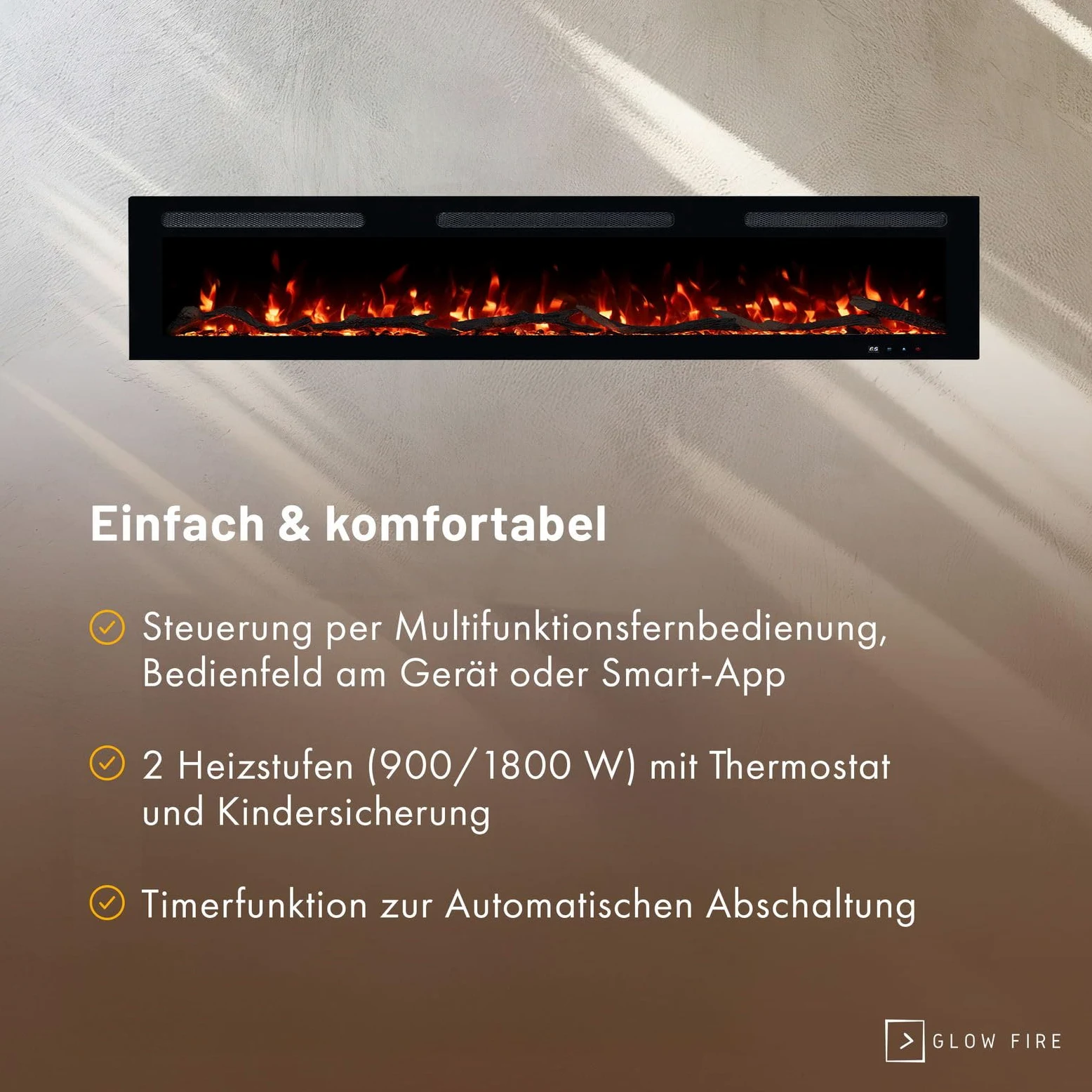 GLOW FIRE Camino elettrico Inside 182 con fuoco LED realistico 3D – Camino elettrico da parete con riscaldamento e camino, controllo app, effetto scoppiettante e timer, max. 1800 W, 182 x 35 x 12 cm