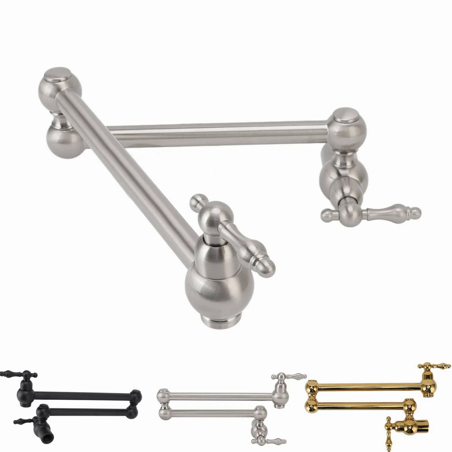 Rubinetto per riempimento pentole, rubinetto da cucina a parete in rame estensibile G1/2 Rubinetto pieghevole per riempimento pentole a due manici a foro singolo(Argento spazzolato)