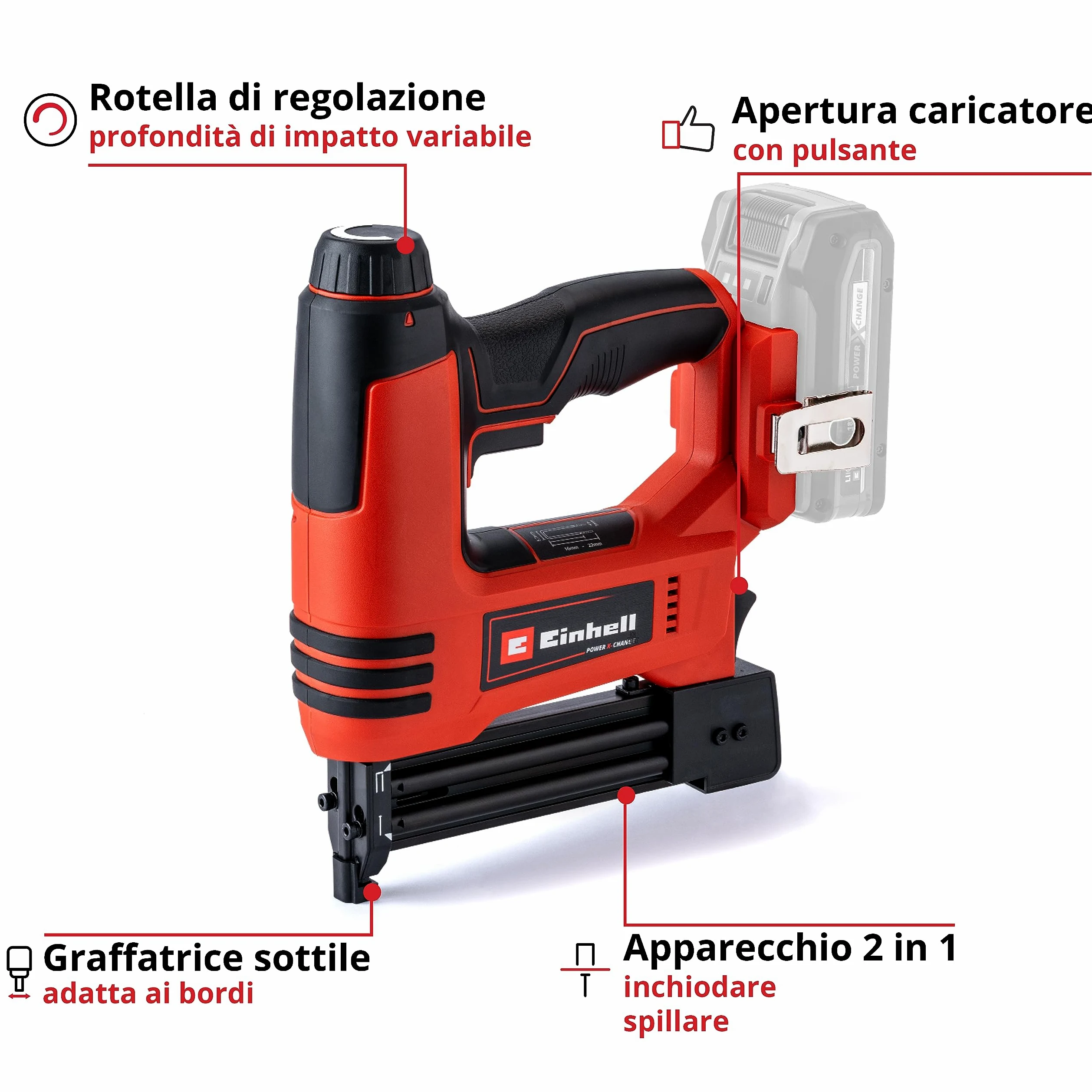 Einhell Graffettatrice TE-CN 18 Li - Solo Power X-Change (ioni di litio, 18 V, sparachiodi e graffettatrice, max 20 colpi al min, incl. 300 chiodi e 300 graf., no batteria, no caricabatteria)