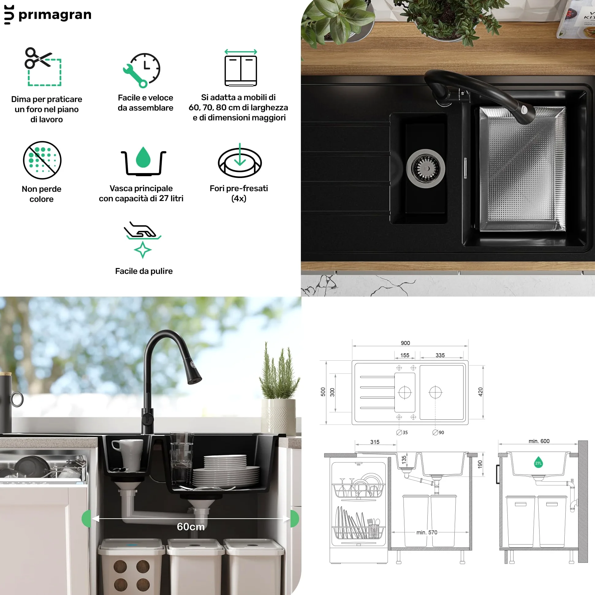 PRIMAGRAN Lavandino da Cucina Nero 90x50cm, Lavello in Granito a 1,5 vasche + Rubinetto 40x38cm + Set di accessori, Lavabo da Cucina Incasso al Mobile 60cm - Copenhagen Duo S027
