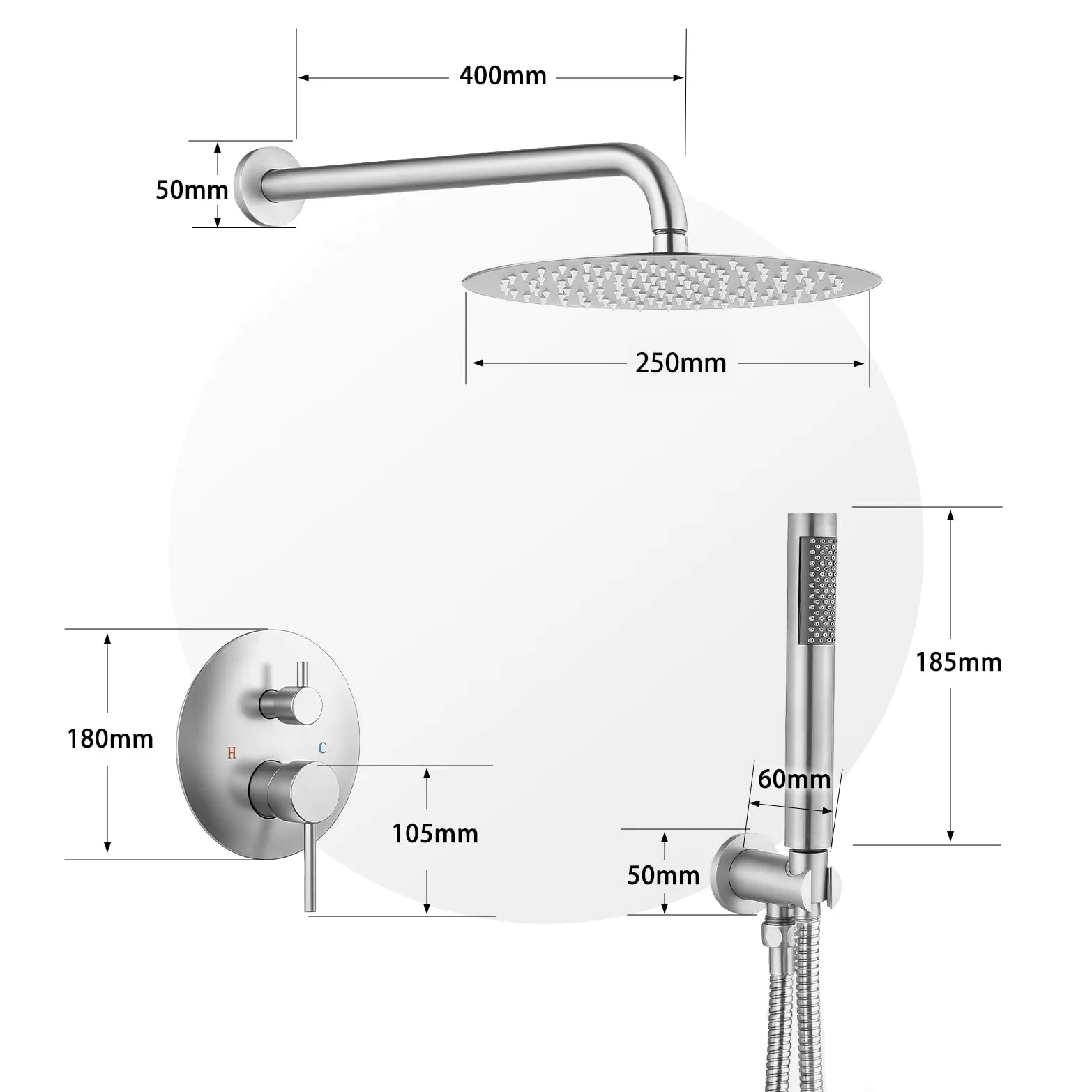 SaniteModar Set Doccia Incasso | Miscelatore Doccia Incasso con Soffione a Pioggia Rotondo 25cm e Doccetta | Nichel Spazzolato