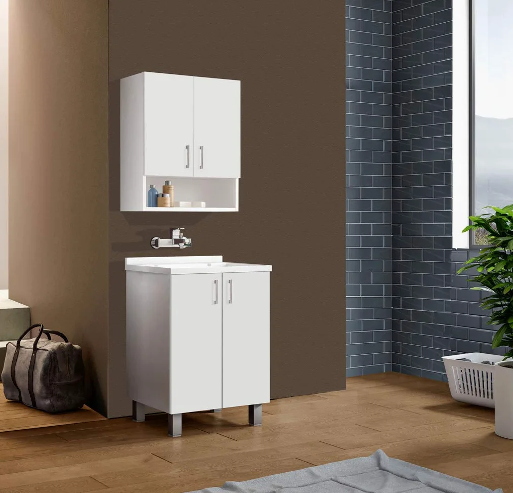 MaMa Store ATENALAV Mobile Lavatoio-Lavapanni Bianco in Metacrilato con ASSE in Legno e gocciolatoio in Alluminio, L.60 x P.50 X H. 86.5 cm