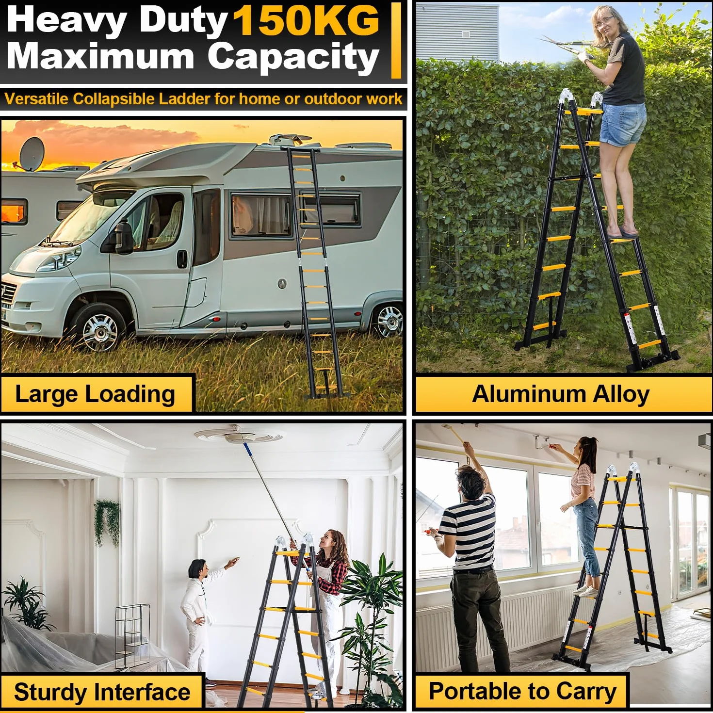 Scala telescopica in alluminio, 5 m, telescopica multifunzione, antiscivolo, pieghevole, portata 150 kg, scala in alluminio per giardino, colore nero/giallo
