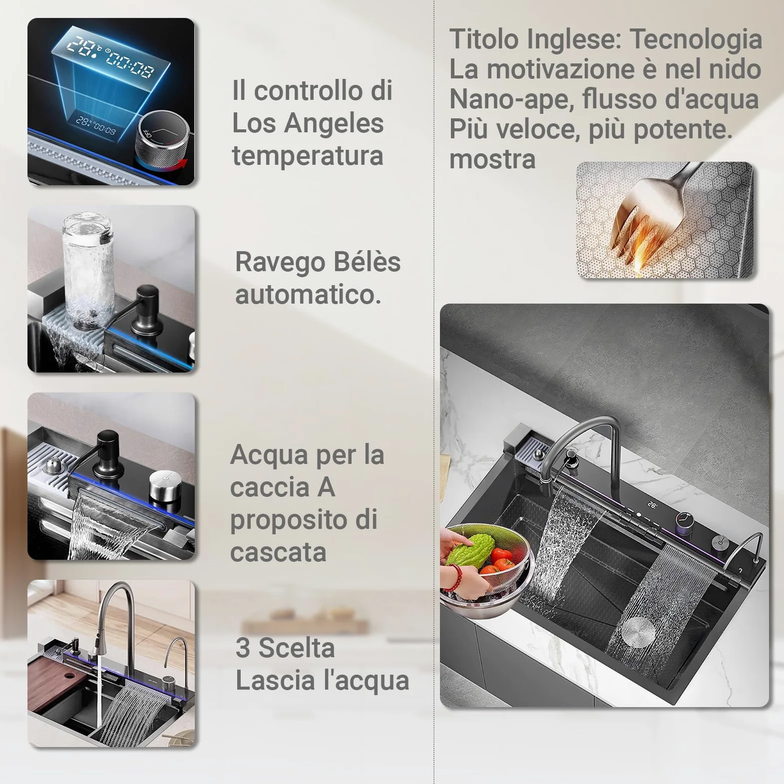 Nero Lavandino Cucina 1 Vasca Multifunzione Kitchen Sink Moderno Acciaio Inox Lavello Cucina Cascata, con Componente Di Drenaggio,Tagliere, Lavatazze, Dispenser di Sapone, Istruzioni (80x45x22cm)