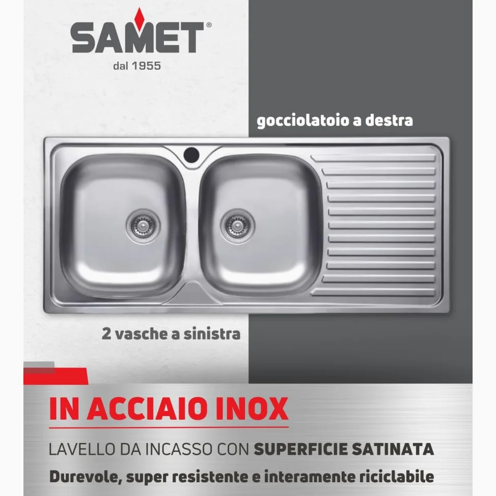Lavello cucina due vasche acciaio da incasso gocciolatoio a dx 50x116 cm