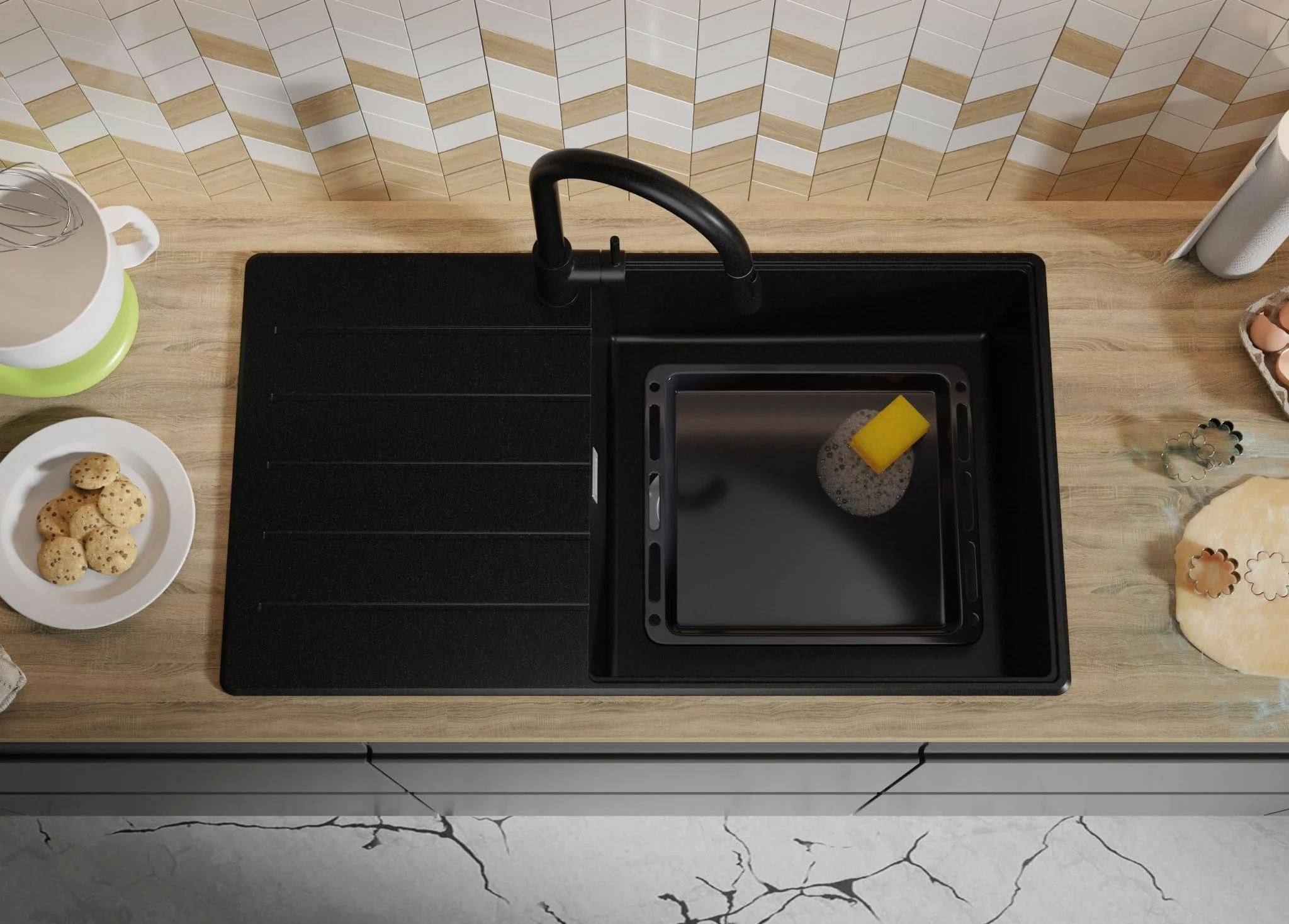 PRIMAGRAN Lavandino da Cucina Tutto Nero 90x50cm, Lavello in Granito a 1 vasca + Rubinetto 40x20cm + Set di accessori, Lavabo da Cucina Incasso al Mobile 60cm - Copenhagen Top S734