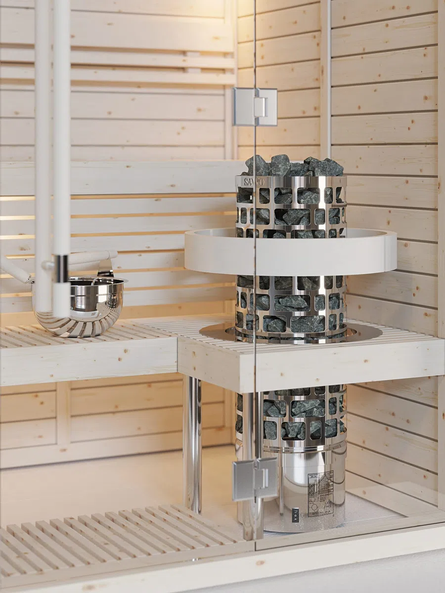 Sawo Aries Ni2 - Stufa elettrica per sauna da 6 kW, 230 V/400 V, con pannello di controllo Saunova e pietre da sauna da 60 kg