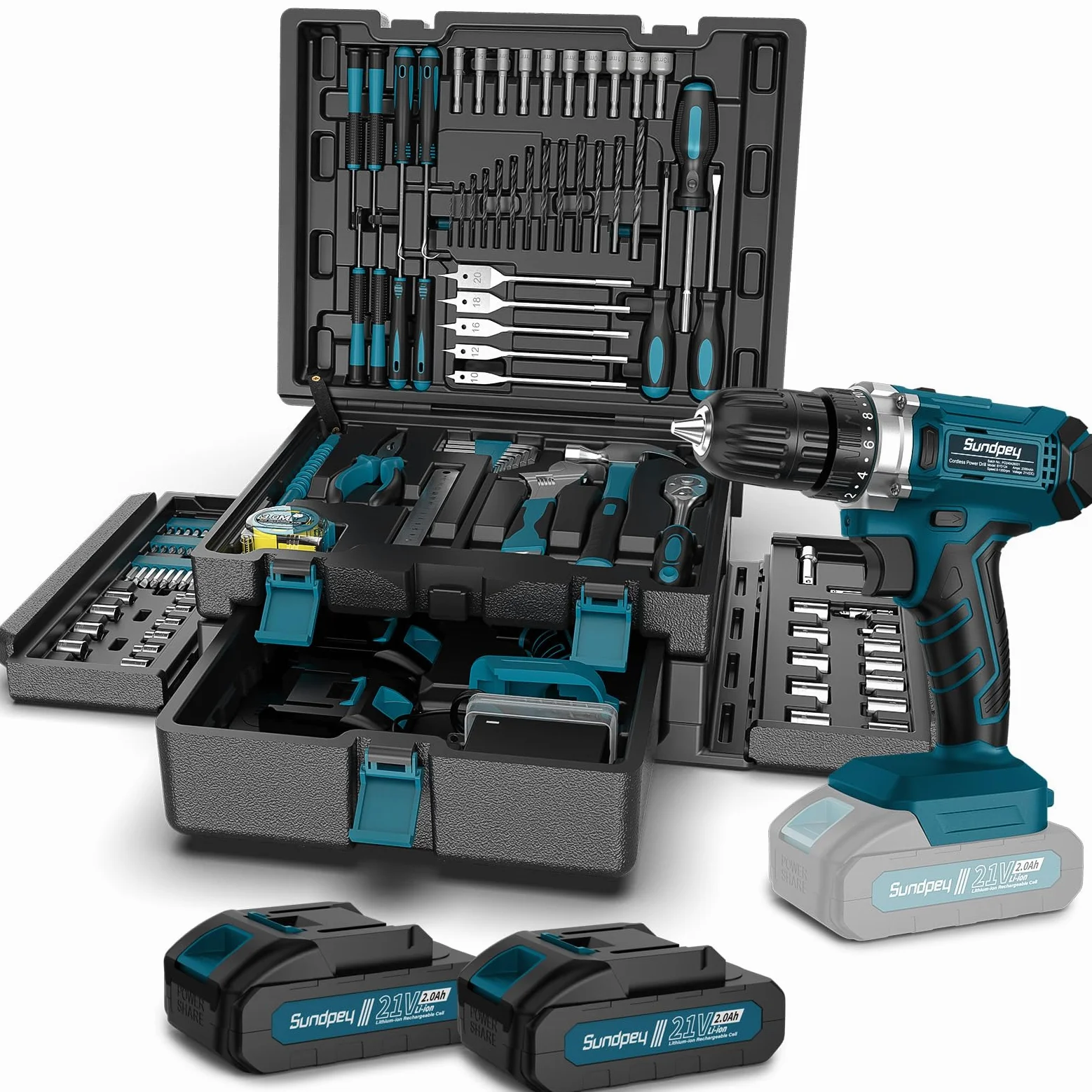 Sundpey Cassetta Attrezzi Completa 255 Pezzi con Trapano Avvitatore Batteria 21V, Avvitatore a Batteria Set Attrezzi da Lavoro con Cassetto per la Casa e la Riparazione Dell'auto per Fai Da Te
