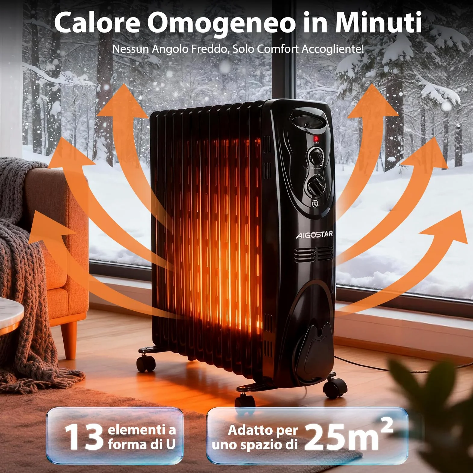 Aigostar Black Forest - Radiatore ad Olio 2500W, 13 Elementi Riscaldatore Elettrico Portatile, 3 Livelli di Calore, Termostato e Spegnimento Automatico di Sicurezza, Silenzioso, 55mq