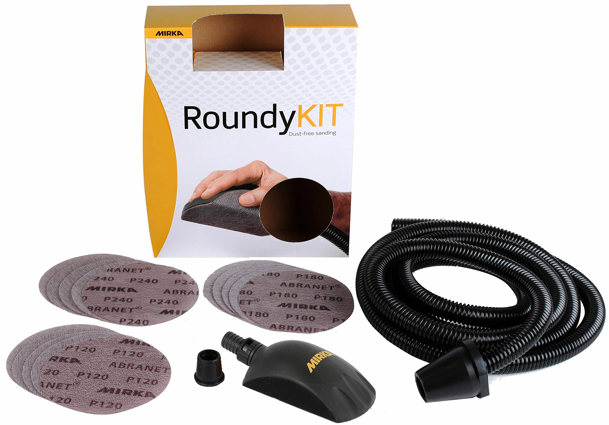 Mirka Roundy Kit Blocco manuale con aspirazione/blocco di levigatura con a strappo incl. tubo di aspirazione da 4 m e 15x dischi abrasivi Mirka Abranet net a strappo Ø 150 mm grana P120 P180 P240