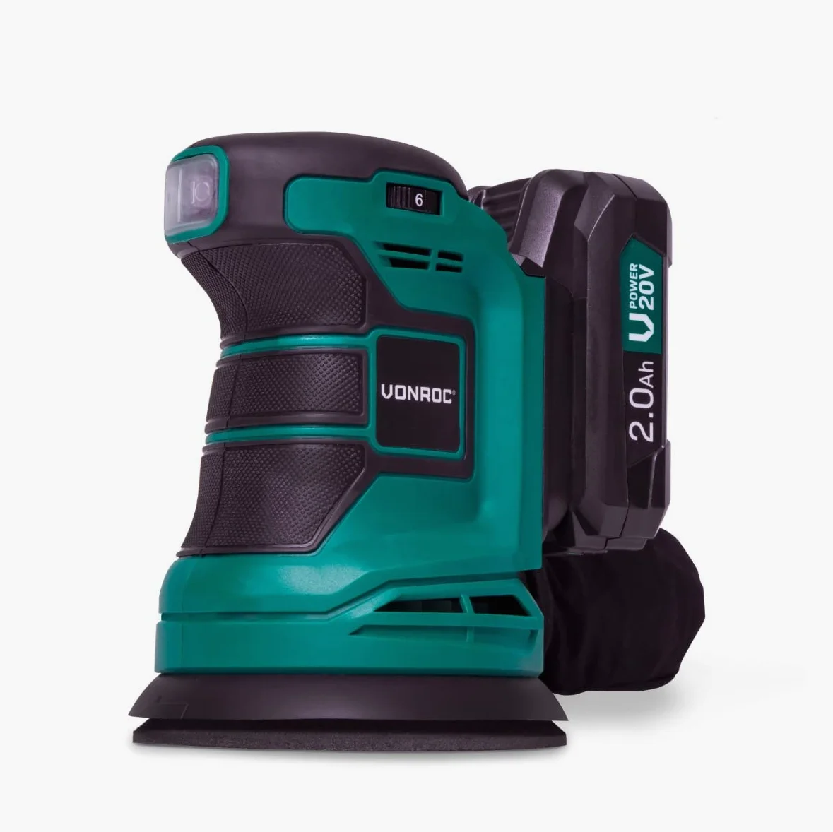 VONROC Levigatrice orbitale VPOWER 20V - Ø125mm. Include 2 batterie da 2.0Ah, caricabatterie, sacchetto raccolta polvere e 12 pezzi di carta abrasiva