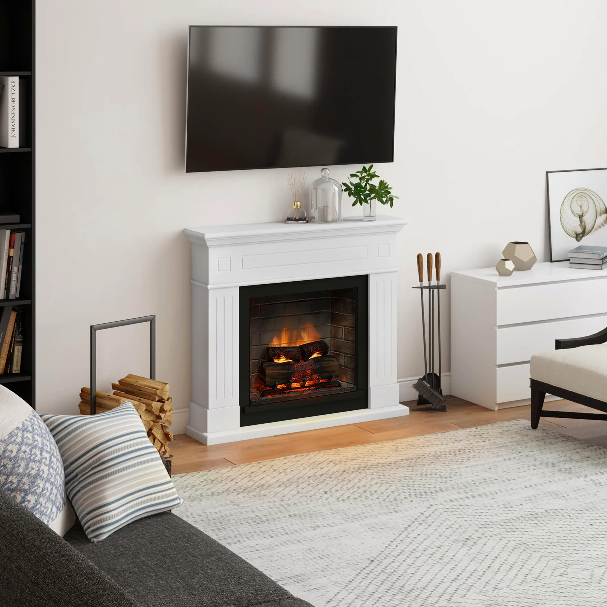 TAGU Larsen Camino Elettrico con PowerFlame 2, Riscaldatore e Termostato, Suono Crepitante, Wi-Fi e Luce Ambientale (Bianco Puro)