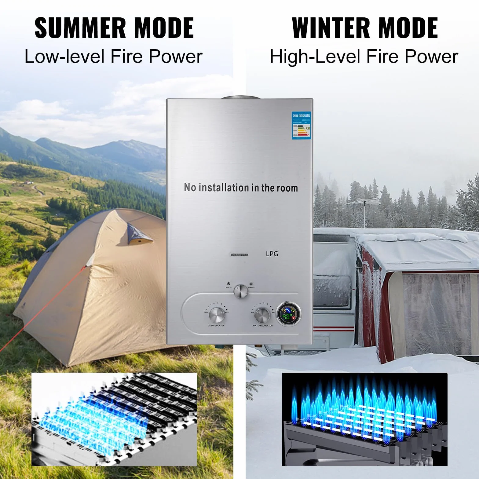 Scaldabagno a Gas, 16LPM 32KW Scaldabagno Senza Serbatoio Portatile, Scaldabagno Istantaneo al Propano Con Display Digitale Multi-protezione Per Viaggi in Campeggio, Viaggio in RV (16L)
