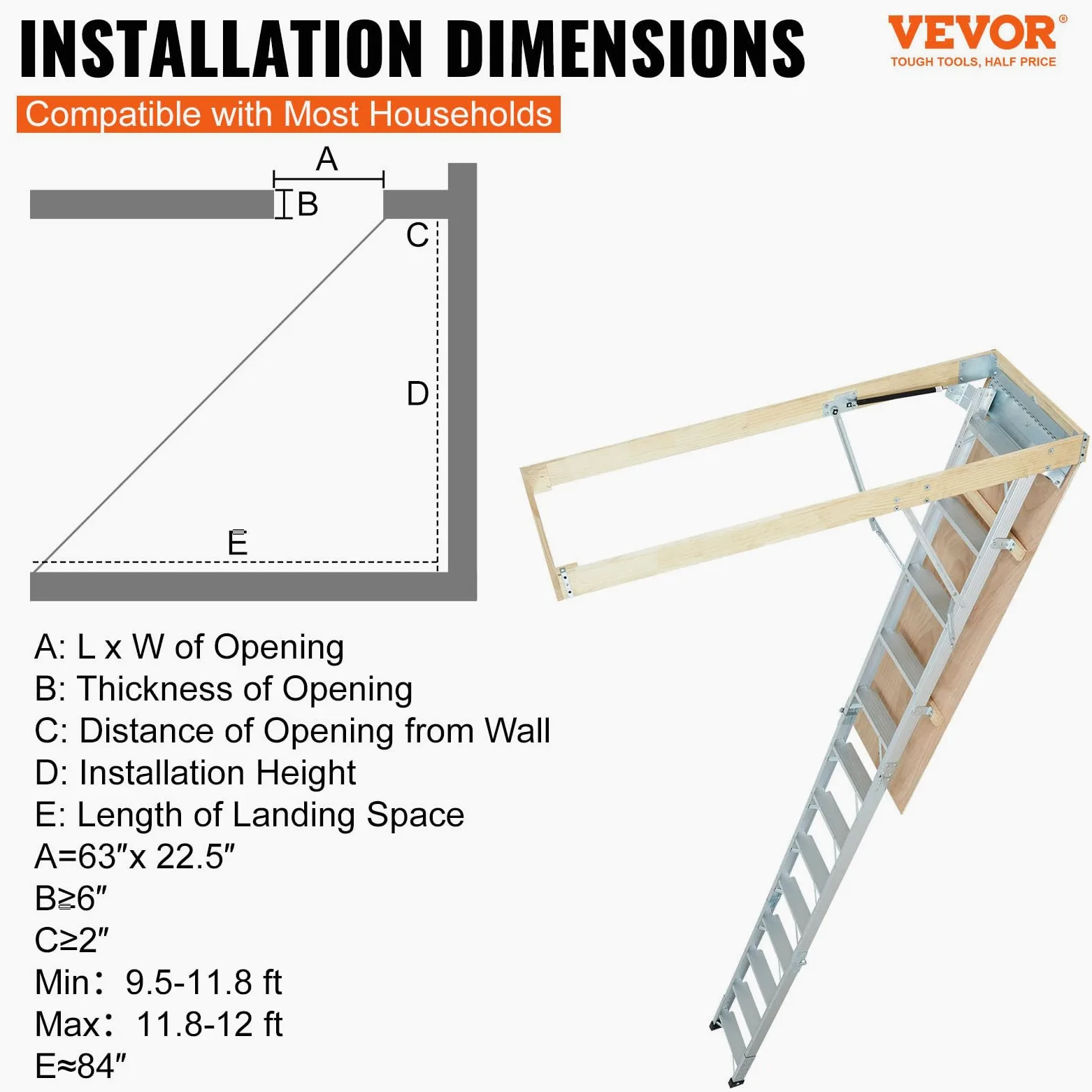 VEVOR Scaletta Pieghevole per Soffitta Scala in Alluminio Regolabile Capacità di Carico 158 kg 56x392 cm Estensione Multiuso Facile da Installare per Attico Ufficio Casa Altezza Applicabile 2,9-3,66 m
