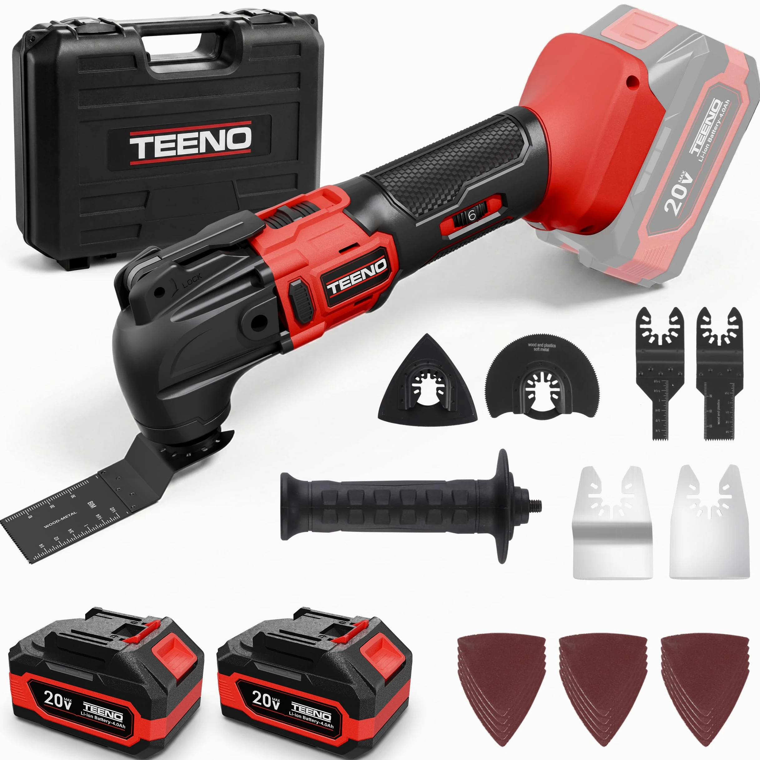 Strumento multifunzione oscillante senza fili 20 V, Brushless Strumento multifunzione senza fili con 6 velocità, 2 x 4.0 A batterie, 8500-21000 giri/min, caricabatterie, angolo oscillante 4°, per