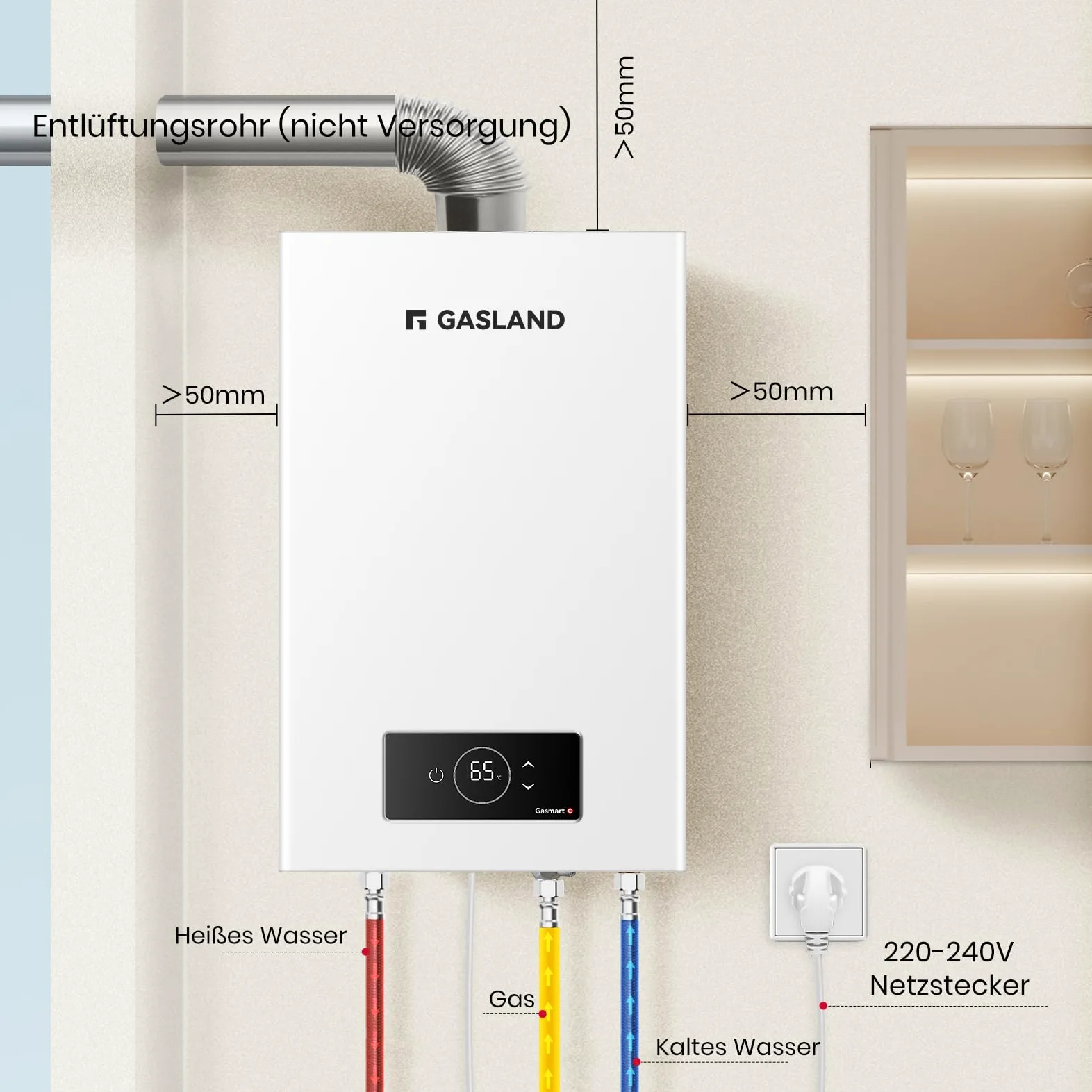 GASLAND Gasmart C: Scaldabagno a gas da 12 l, GS318NG a metano istantaneo (20 mbar), per interni, a basso NOx, caldaia sigillata per bagno, cucina, lavanderia