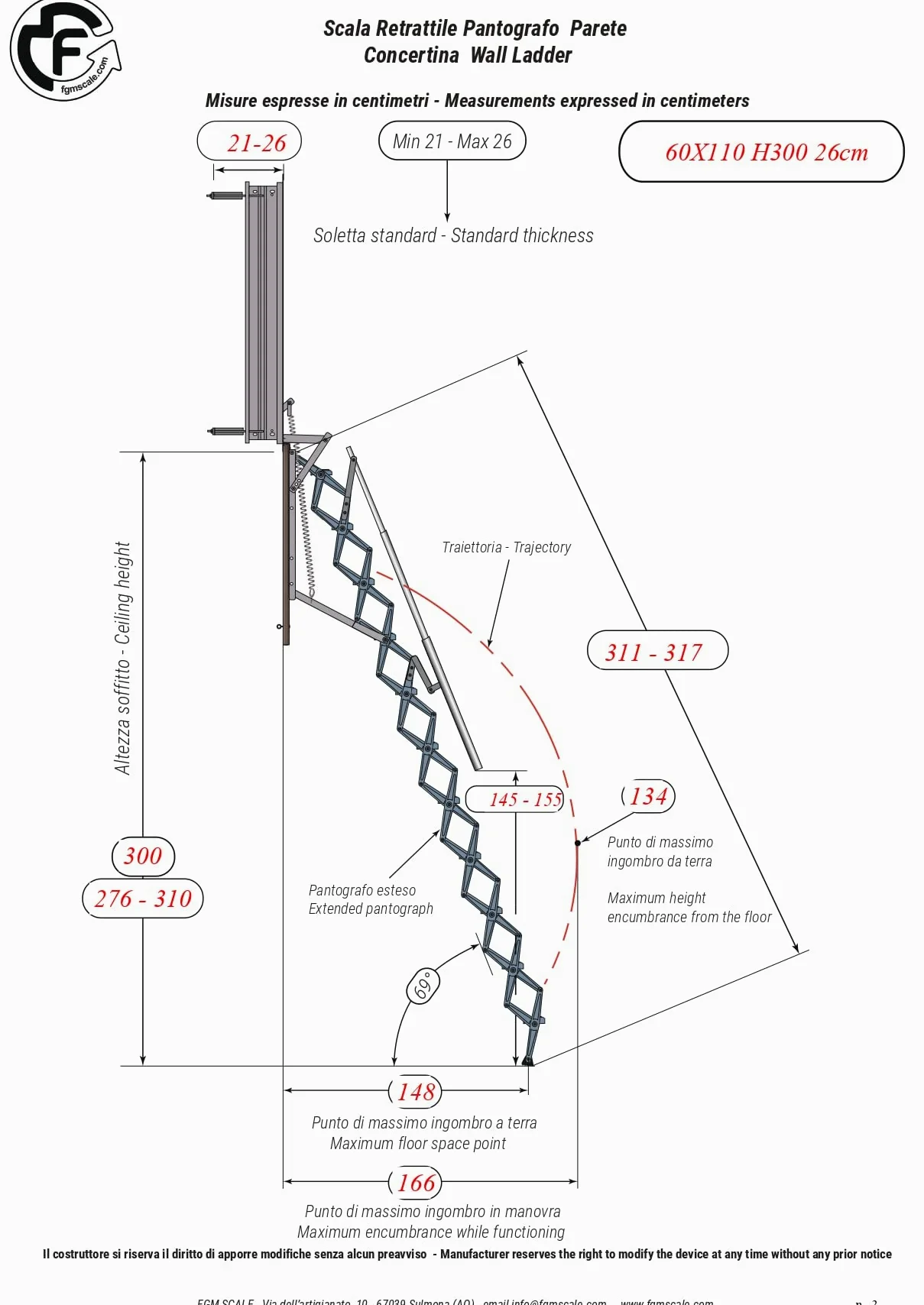 Scala Retrattile Pantografo Parete | Gradino Lato 60 | Misura 60x90 H=276-300 cm
