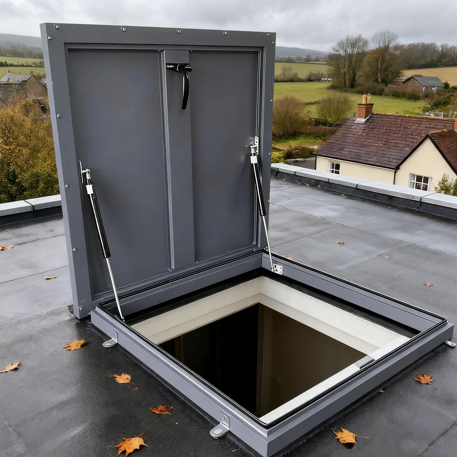 Botola per tetto - Botola di accesso al tetto in alluminio con maniglia a interruttore, porta di sicurezza per tetto con asta di supporto idraulica, per soffitta, cantina, seminterrato (80×80cm)