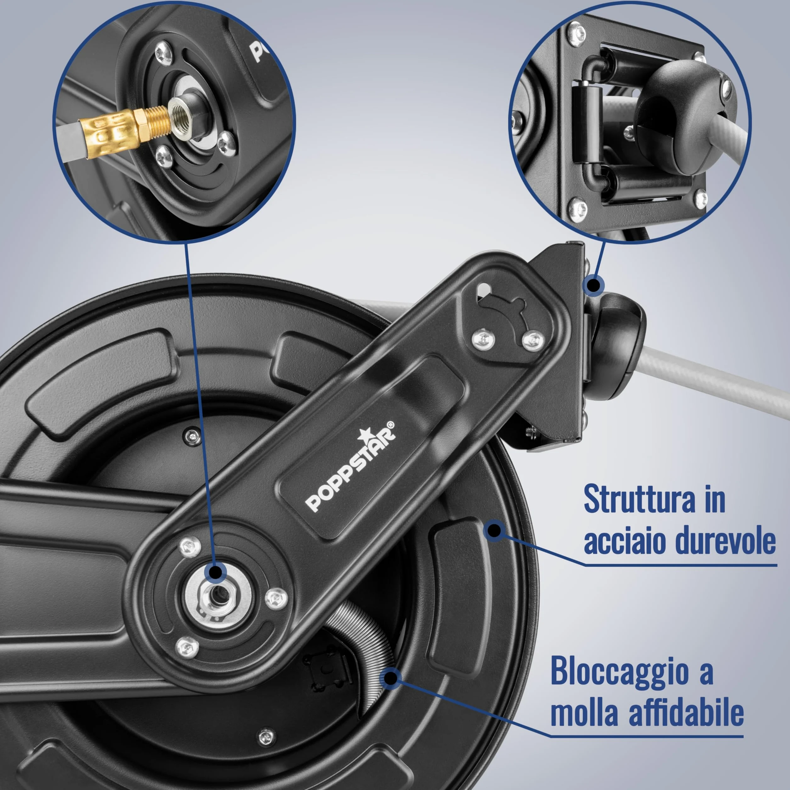Poppstar Avvolgitubo per aria compressa in acciaio (20m+2m, diametro (9,2x15mm)), attacchi 1/4 di pollice BSPT