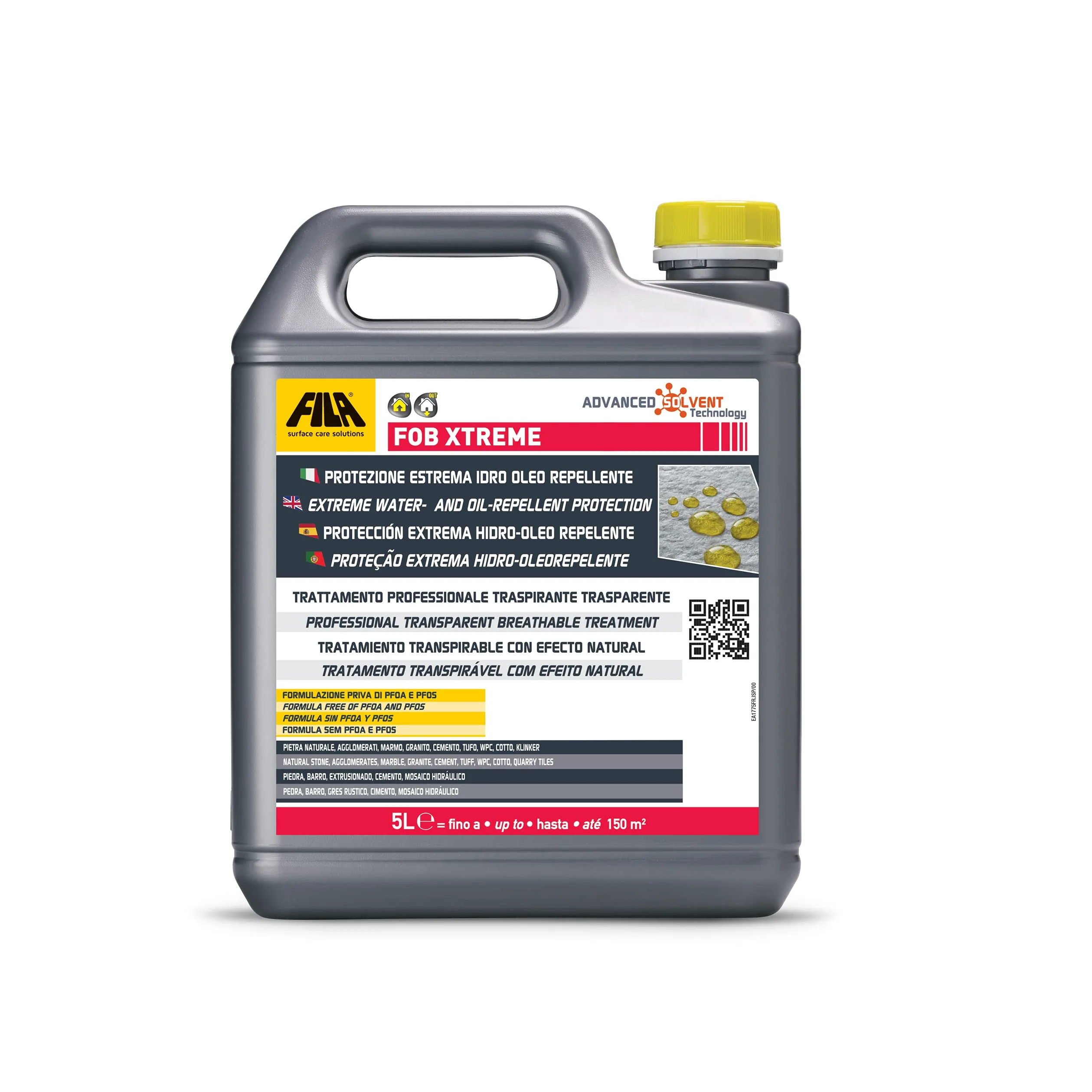 FILA Surface Care Solutions, FOB XTREME, Protettivo Antimacchia Traspirante ad Alta Performance, Blocca l'Assorbimento di Sostanze Oleose, Grasse (oli, sapone, shampoo), Colorate e Acqua, 5L