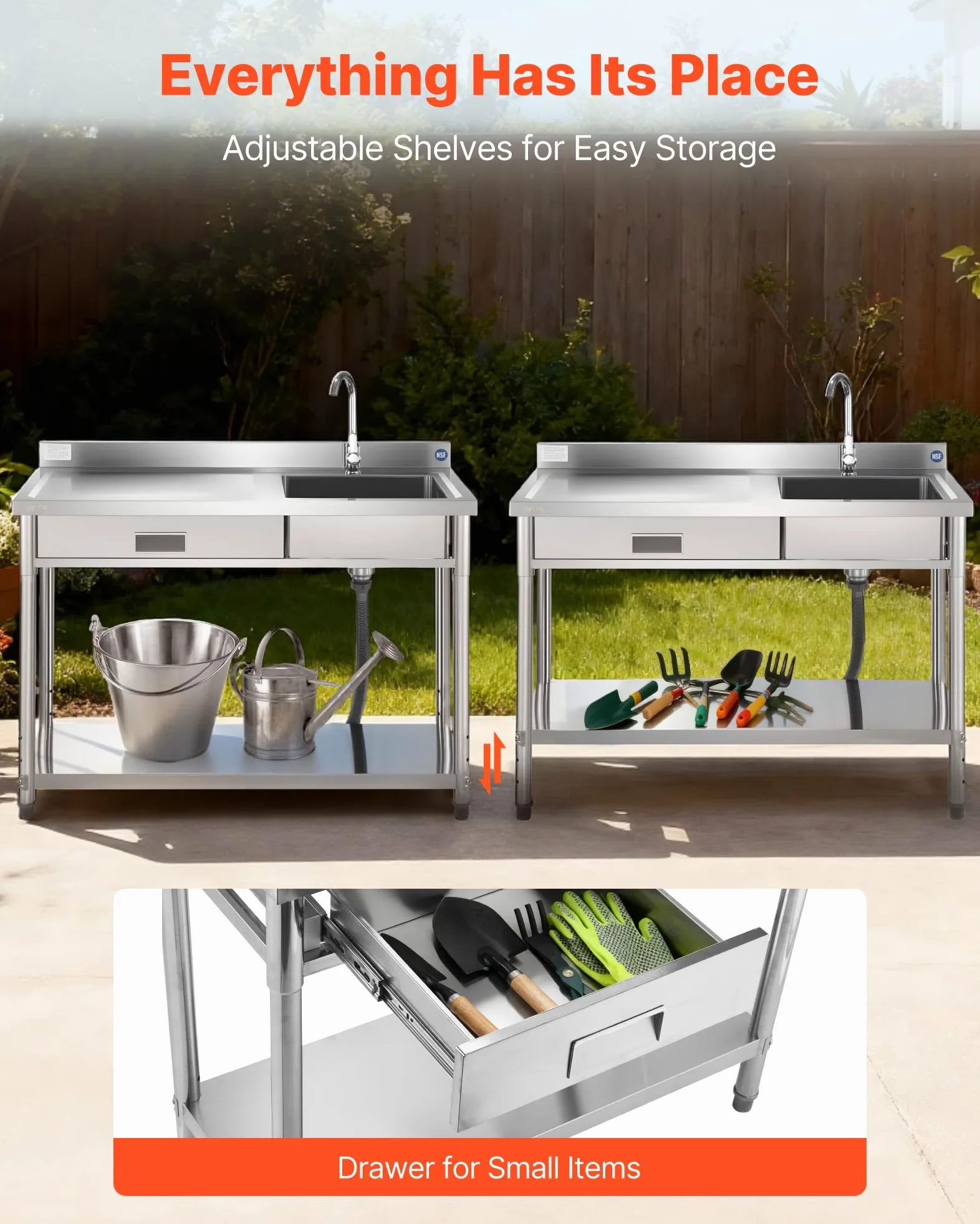 VEVOR Lavandino Mobile da Cucina 1200 x 500 x 940 mm, Vasca Singola con Rubinetto e Cassetto, Lavello da Cucina per Garage, Ristorante, Lavanderia, Lavabo da Esterno con Piano di Lavoro Sinistra
