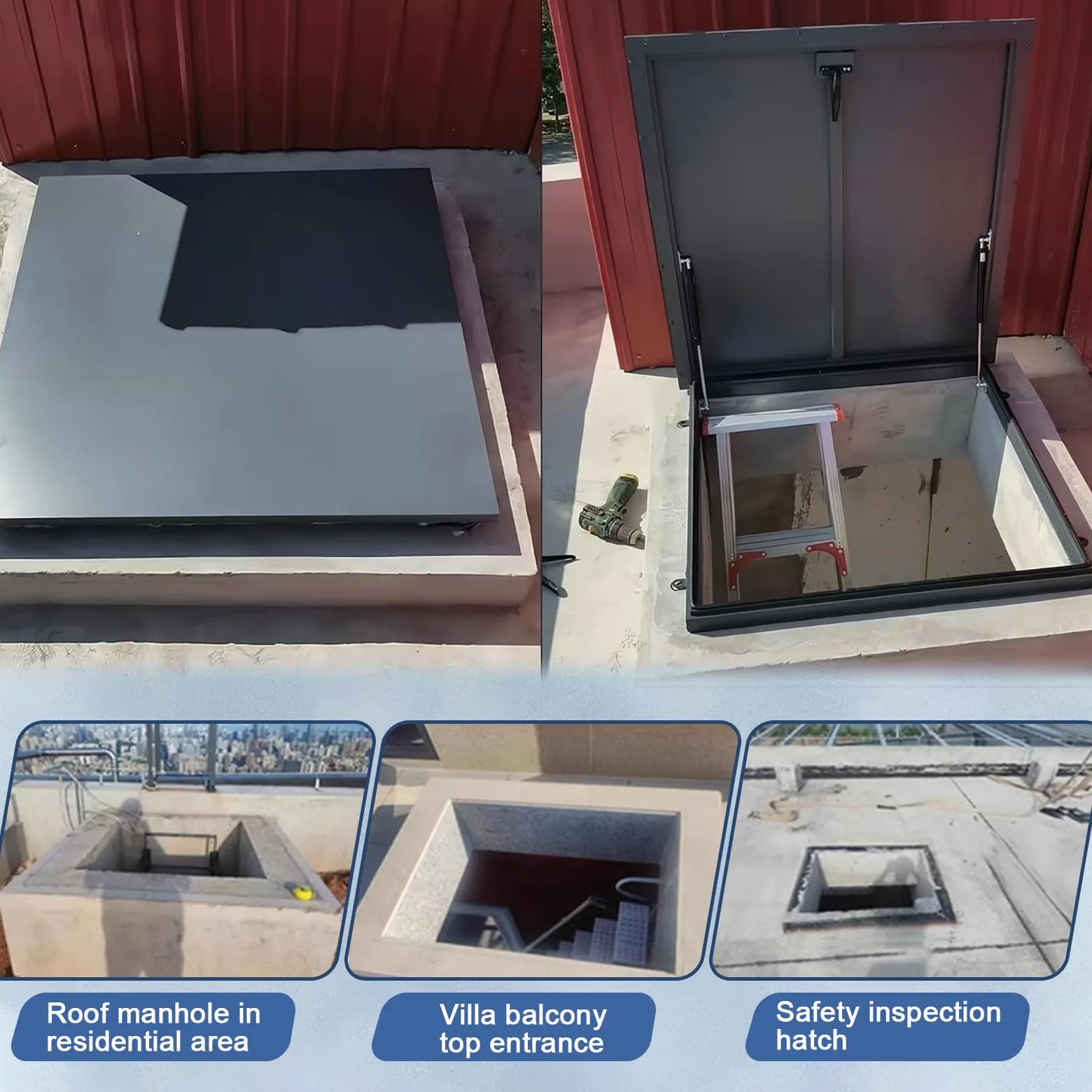 Botola da tetto, piastra di copertura per botola di accesso al tetto commerciale, asta di supporto idraulica, porta di sicurezza per tetto con maniglia a interruttore, adatta per l'industria (80cm)