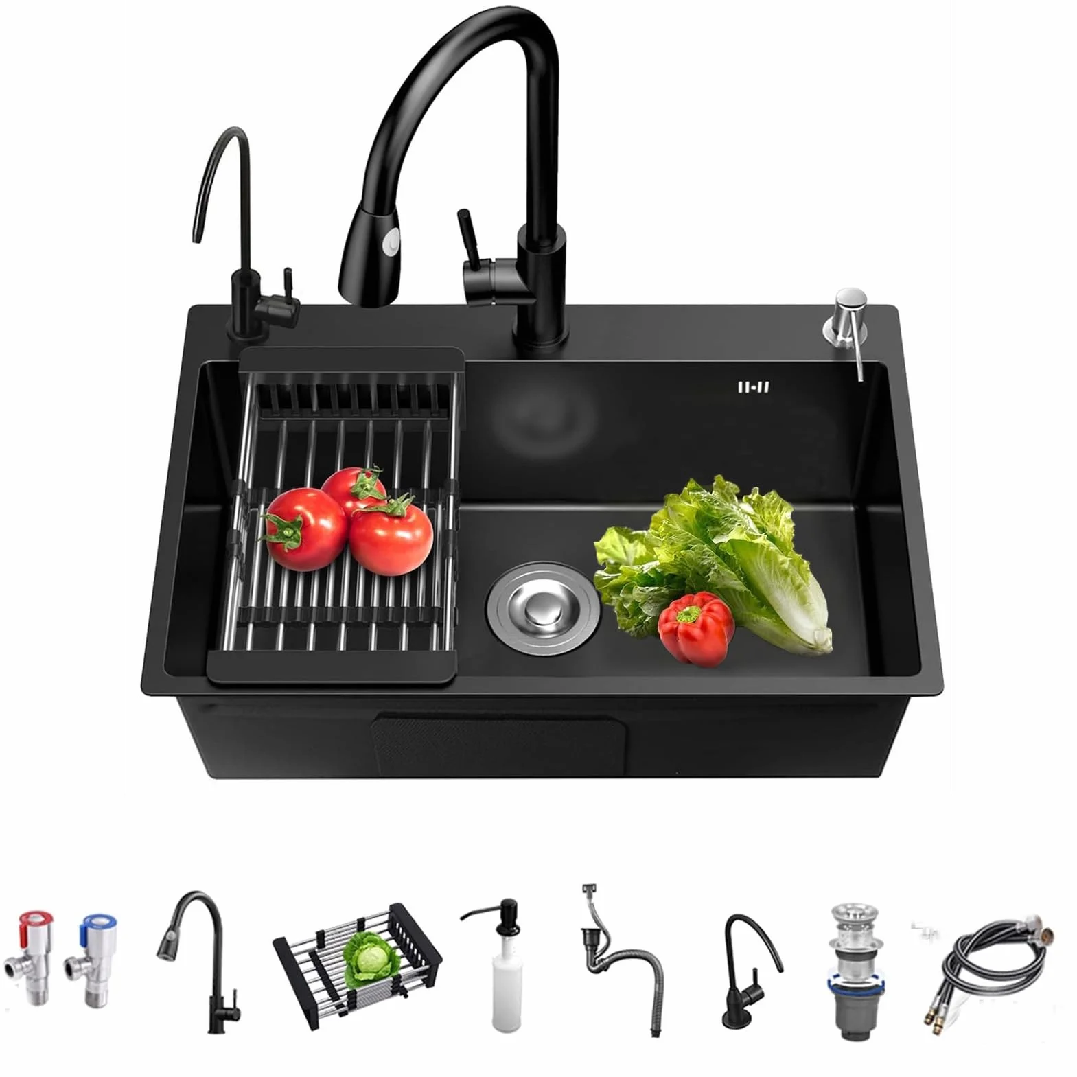 Lavandino Cucina Nero 60 x 45 cm, Lavello Cucina 1 Vasca in Acciaio Inox, Lavello Sottotop o Sopratop Con Rubinetto Estraibile/Dispenser Sapone/Scolapiatti/Rubinetto Acqua Depurata (Nero, 60x45cm)