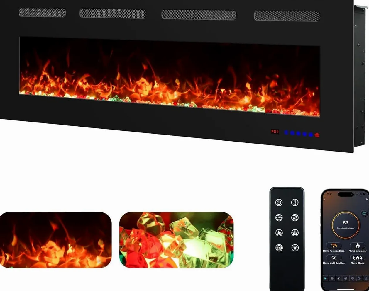 Camino Elettrico da Parete Weka Fireplace Wi-Fi, Ultrasottile, Profondo 7,5 cm, Vetro Temperato, Telecomando e Touch Screen, Riscaldatore da 750/1500 W, Effetto Fiamma Regolabile (127 cm WiFi New)