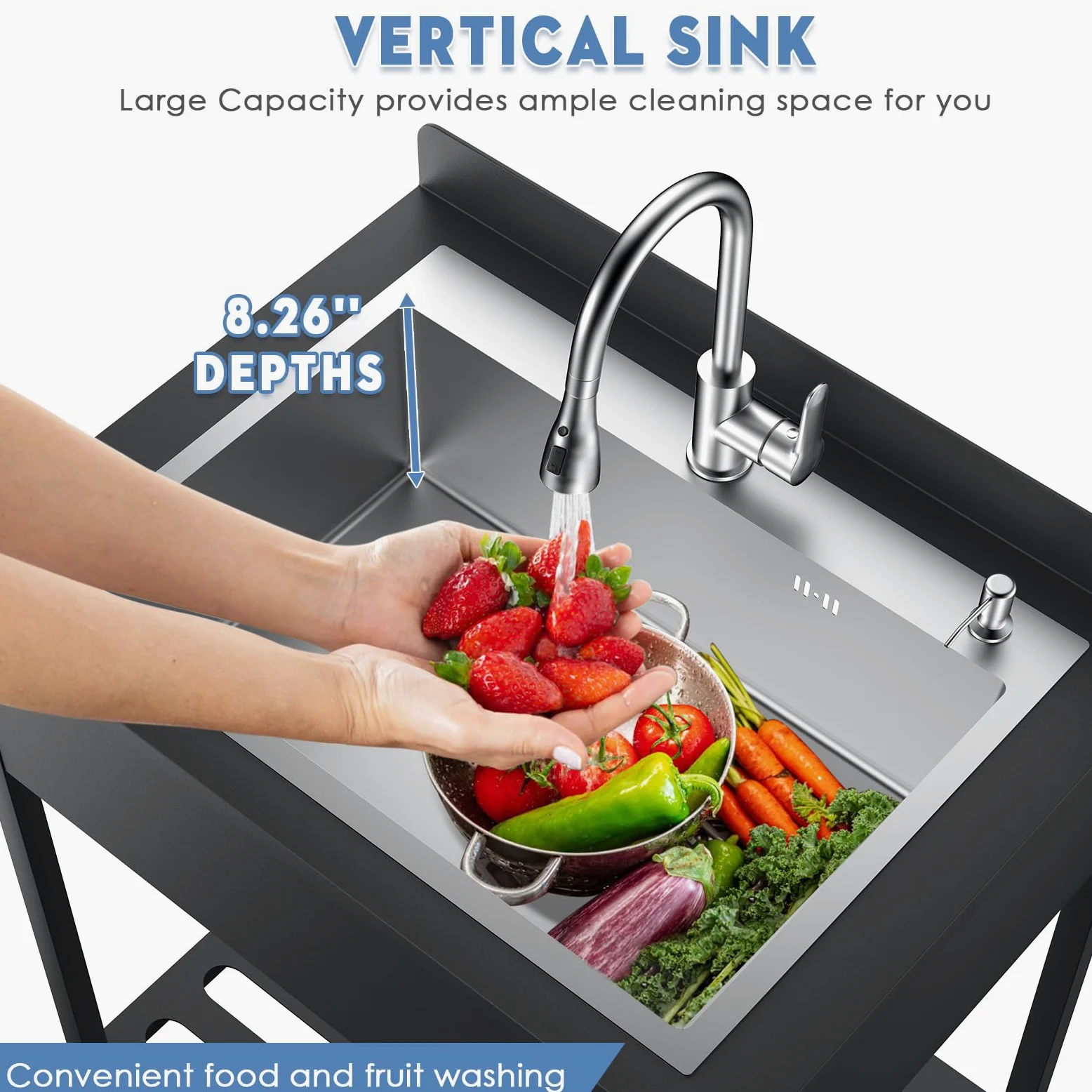 Lavandino autoportante in acciaio inox per esterni, lavello da cucina con scolapiatti e rubinetto estraibile e tubi dell'acqua calda e fredda, Kitchen Sink lavandino a mano per cucina, garage