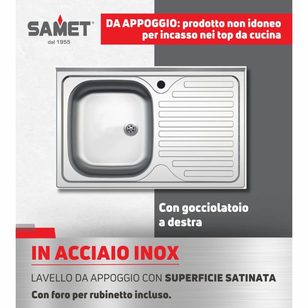 Lavello appoggio acciaio inox 80x50 cm una vasca e gocciolatoio destro SA216