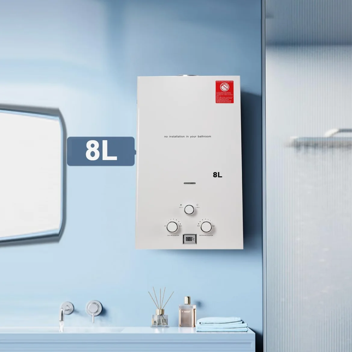 8L 16KW GPL Scaldabagno a Gas, Gas a Parete senza serbatoio Scaldabagno istantaneo,con kit doccia e Display a LED,con Modalità Inverno ed Estate,Per Casa, Camper ed Esterni,bianco