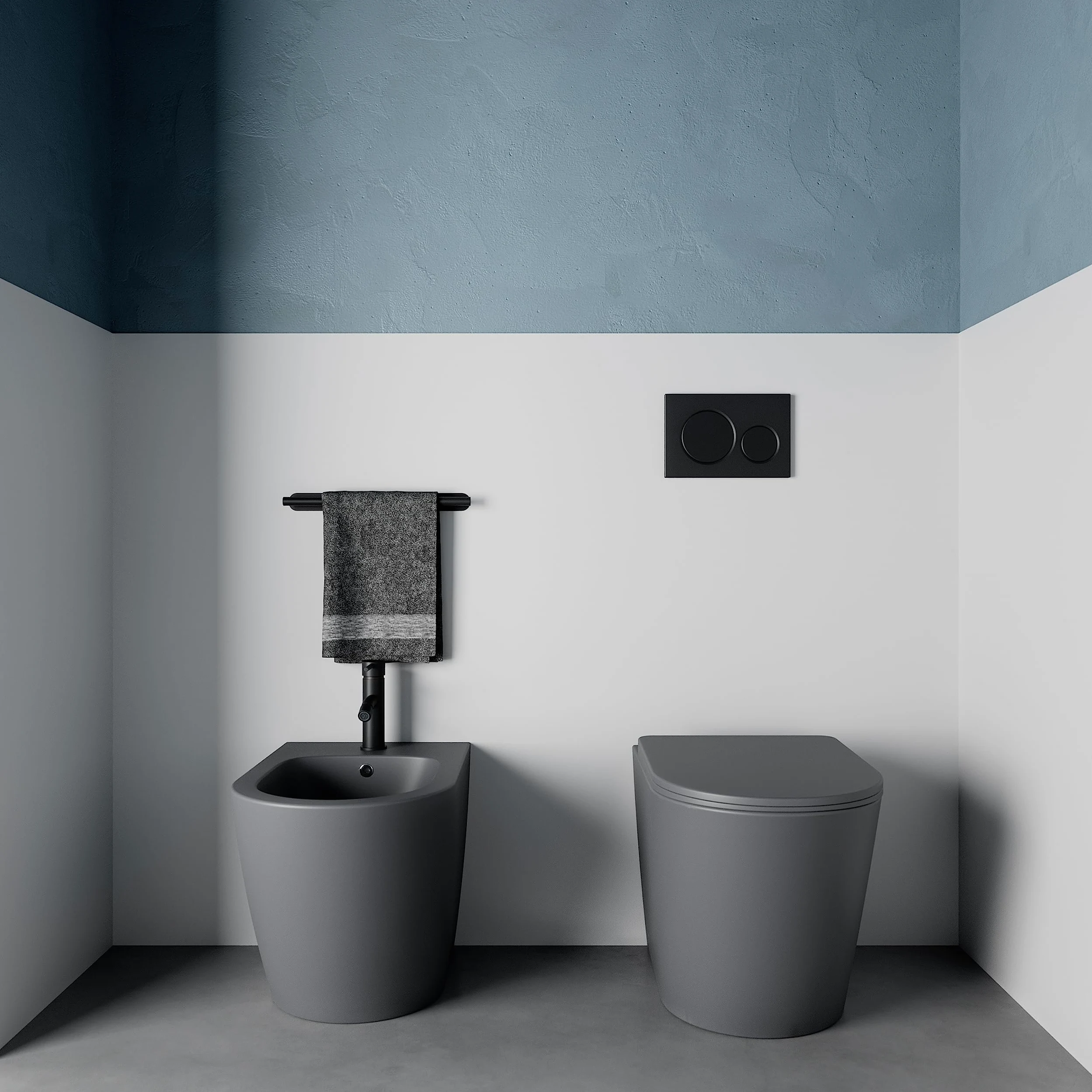 Sanitari in ceramica filomuro grigio opaco vaso rimless bidet sedile soft-close chiusura rallentata mod. Vienna
