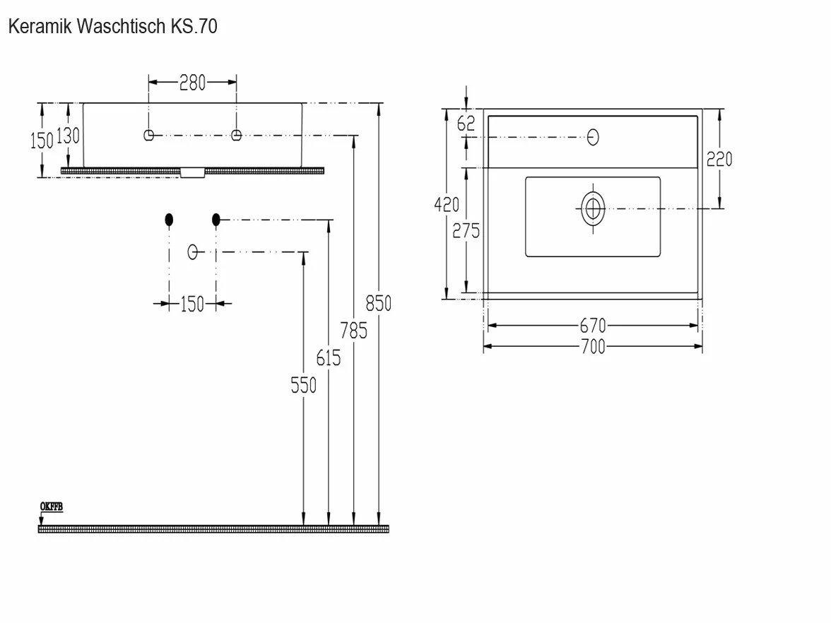 Aqua Bagno lavabo 70 cm rettangolare da parete, ceramica bianco lucido con foro rubinetto e troppopieno, design moderno per bagno contemporaneo, facile da pulire