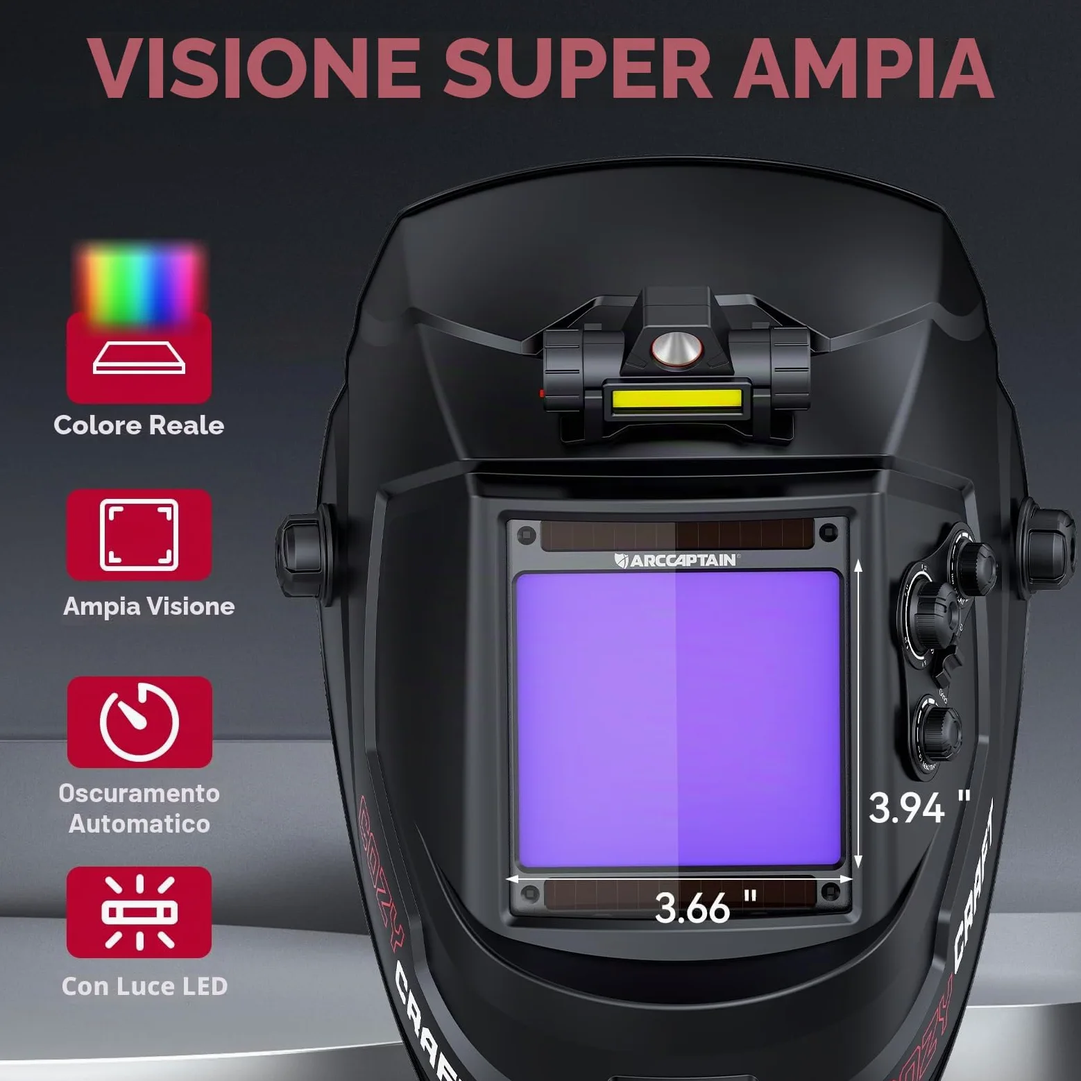 ARCCAPTAIN 10 x 9,3 cm, casco per saldatura auto oscurante, ad energia solare, cappuccio per saldatura a colori veri, casco per saldatore con chiarezza ottica 1/1/1/1, 4 sensori ad arco largo 4/5-9/9