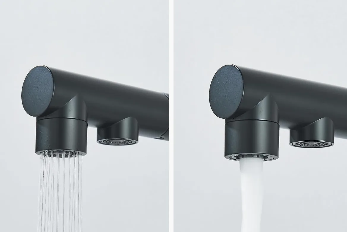 Rubinetto da cucina a 3 vie VENOM Pull-Out con doccetta estraibile, tubo separato per acqua potabile filtrata, beccuccio girevole a 360°, 2 tipi di getto, cartuccia in ceramica, corpo in ottone (nero)