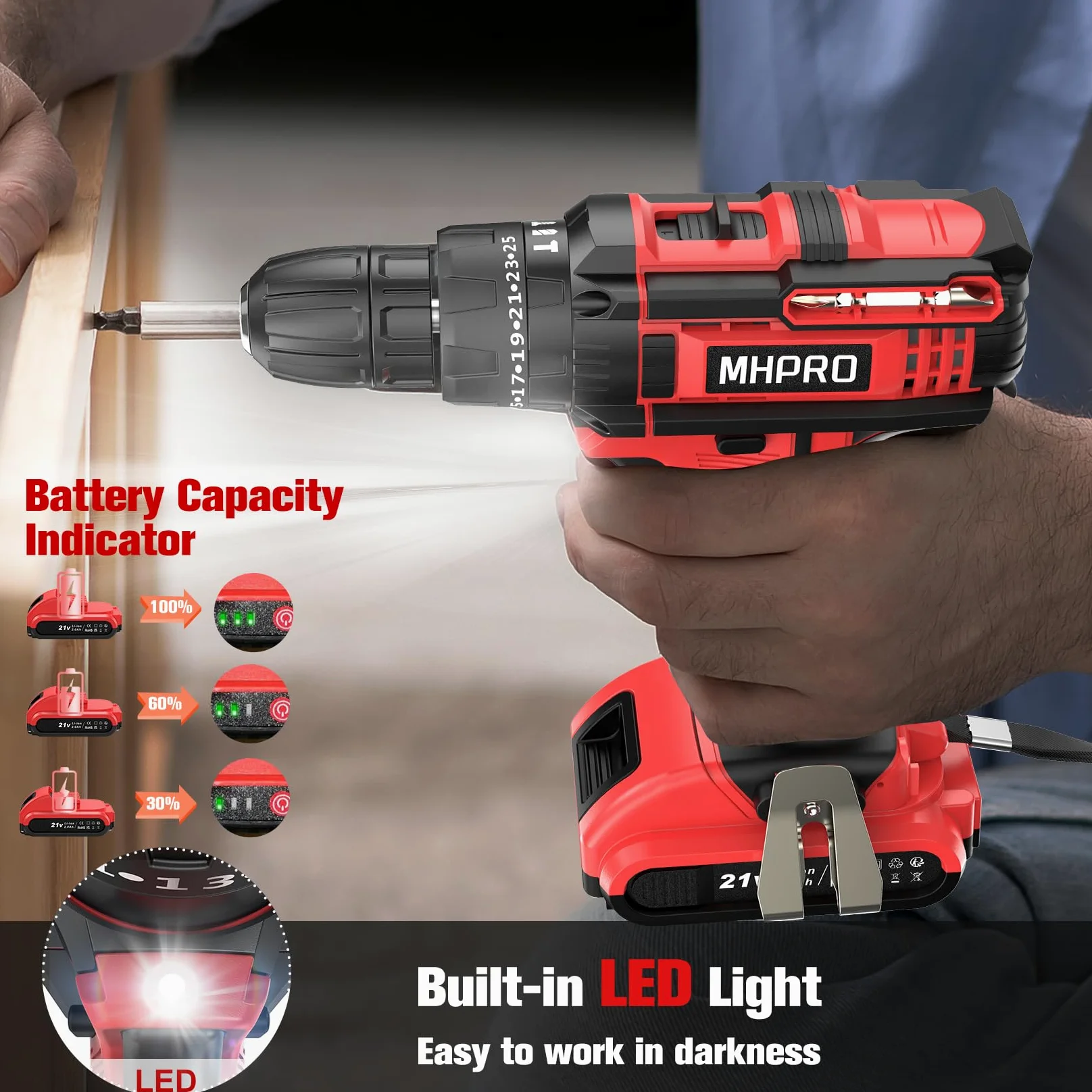 MHPRO Trapano Avvitatore Batteria 21V, Avvitatore a Batteria con Batterie 2.0Ah, 42Nm Avvitatore Elettrico, 25+3 Coppie, 2 Velocità, 23CS Accessori, LED Luce per Casa Progetto